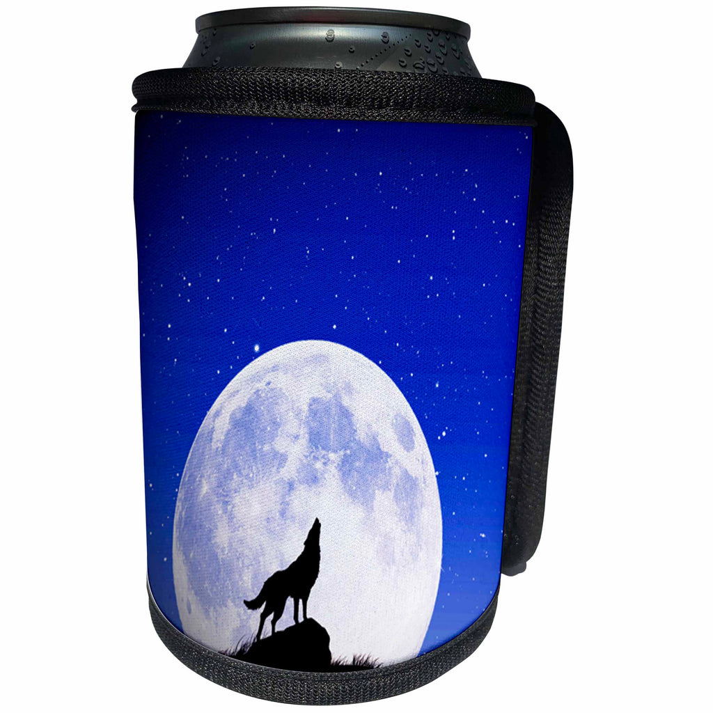3dRose Sven Herkenrath Animal - Silhouette Of A Wolf Howling At The Moon - Can Cooler Bottle Wrap (cc_286416)