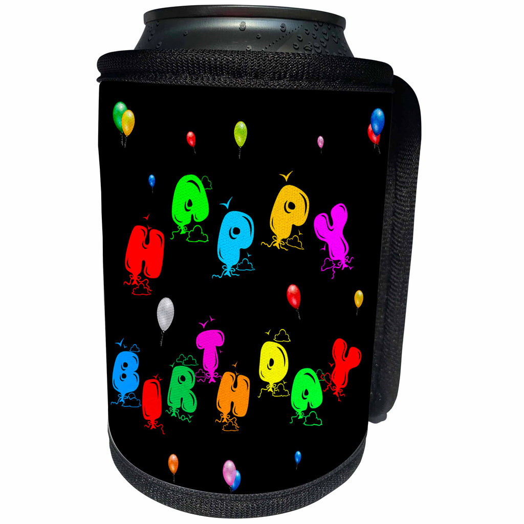 3dRose Alexis Design - Happy Birthday - Happy Birthday text in the form of toy balloons on black - Can Cooler Bottle Wrap (cc_286435)