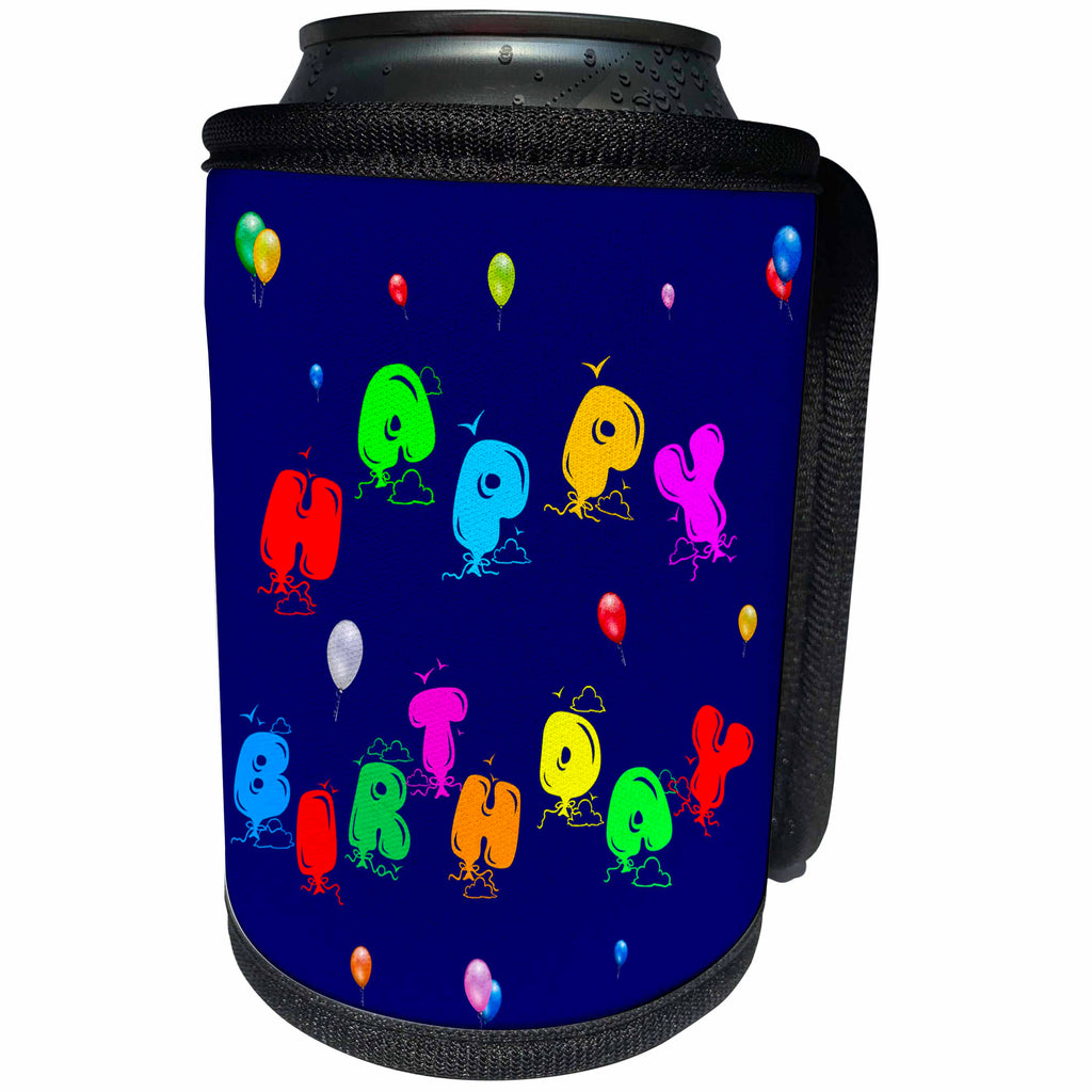 3dRose Alexis Design - Happy Birthday - Colorful Happy Birthday text in the form of toy balloons on blue - Can Cooler Bottle Wrap (cc_286436)