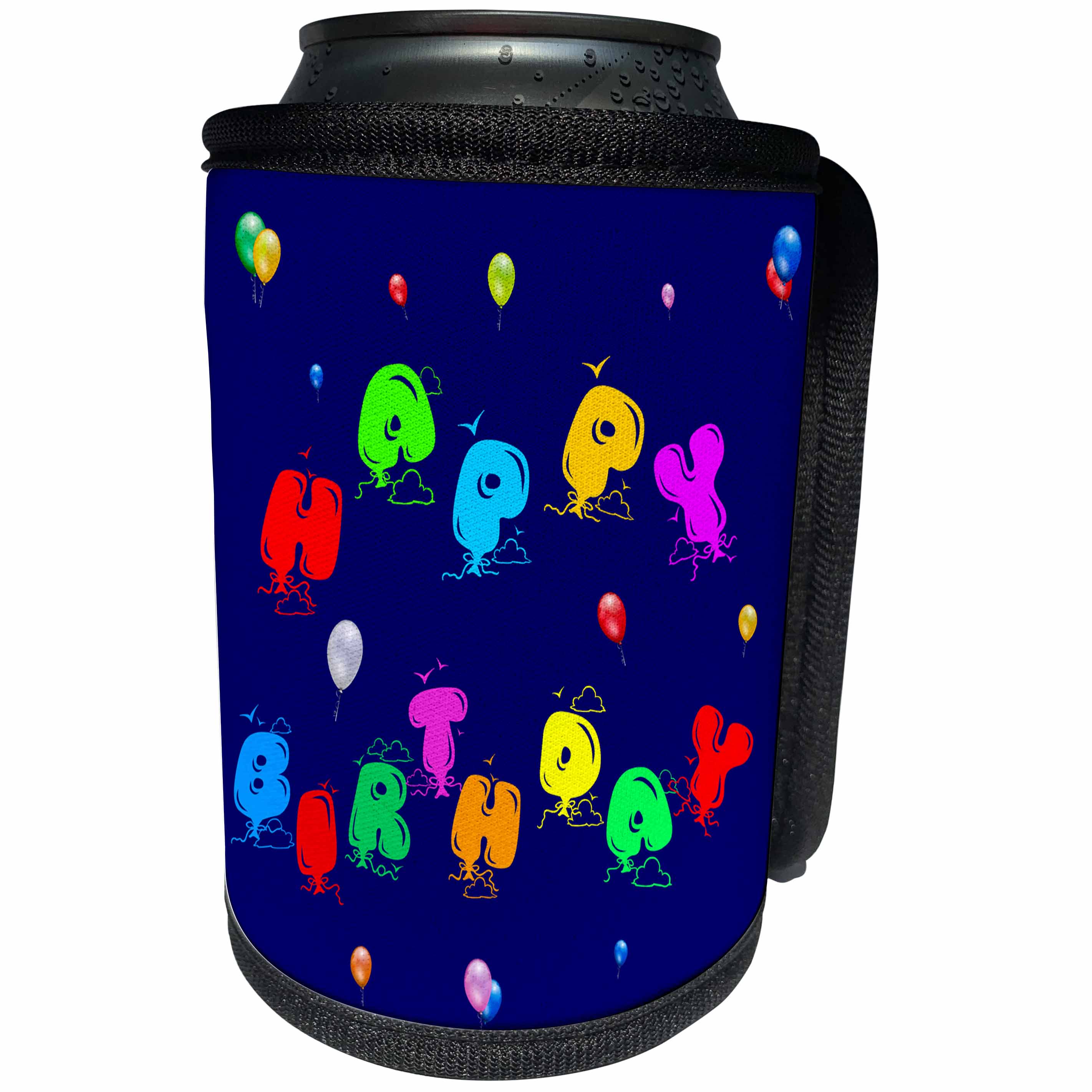 3dRose Alexis Design - Happy Birthday - Colorful Happy Birthday text in the form of toy balloons on blue - Can Cooler Bottle Wrap (cc_286436)