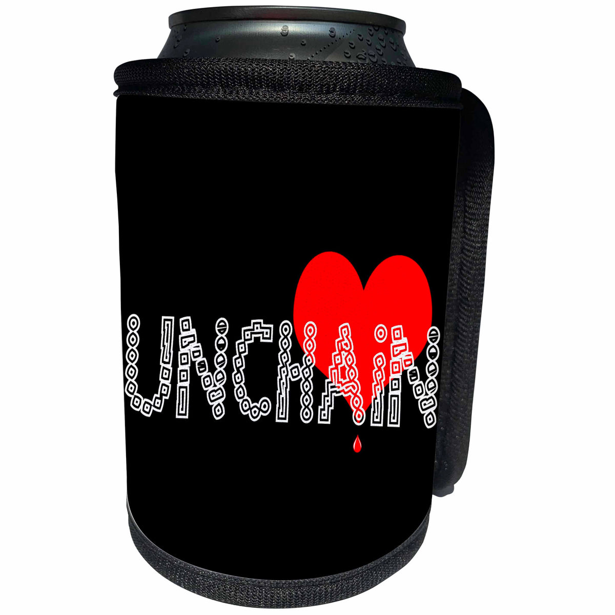 3dRose Alexis Design - Love - Unchain text in the form of a metal chain, red heart on black - Can Cooler Bottle Wrap (cc_286442)