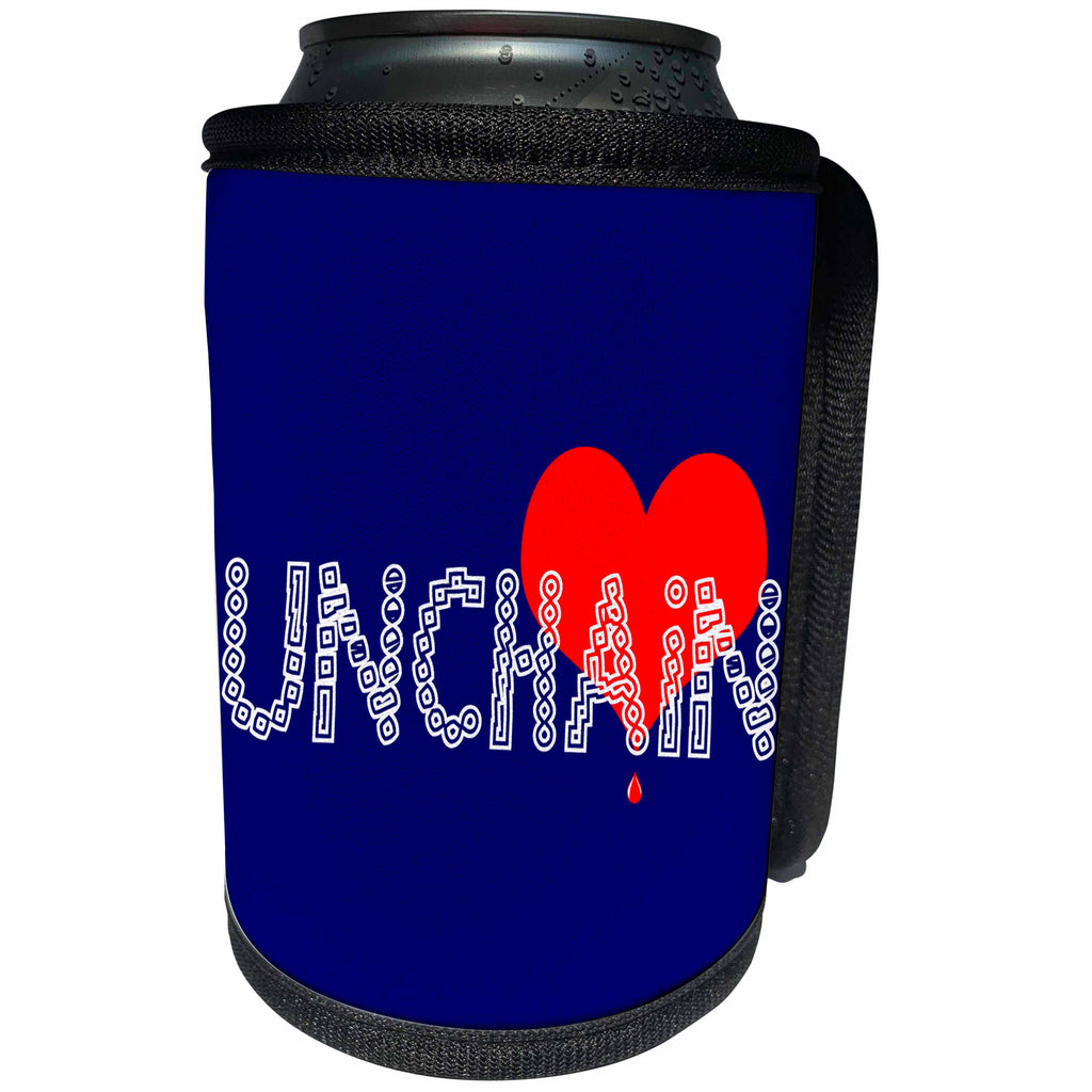 3dRose Alexis Design - Love - Elegant Unchain text in the form of a metal chain, red heart on blue - Can Cooler Bottle Wrap (cc_286443)