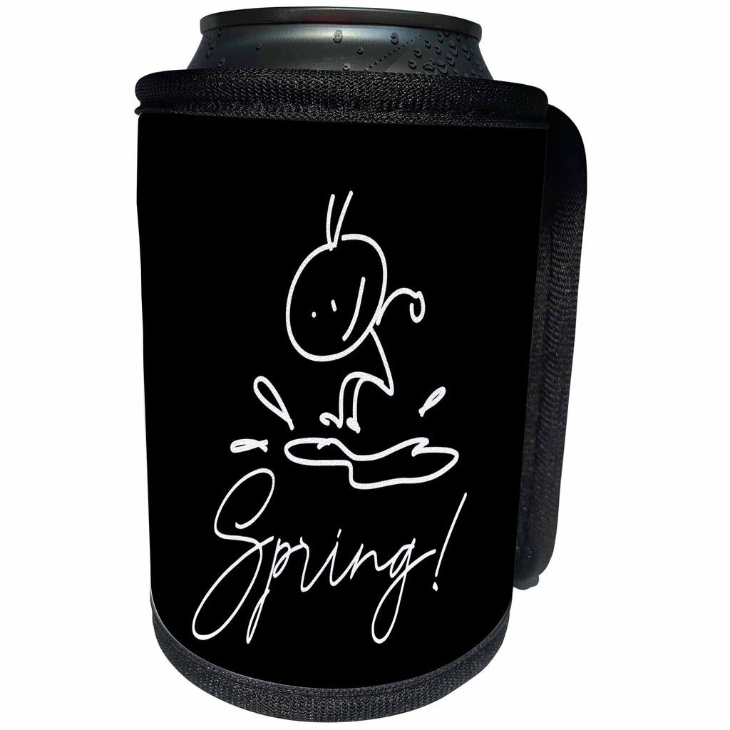 3dRose Alexis Design - Seasons Spring - Drawing of a human jumping into a puddle, text Spring on black - Can Cooler Bottle Wrap (cc_286445)