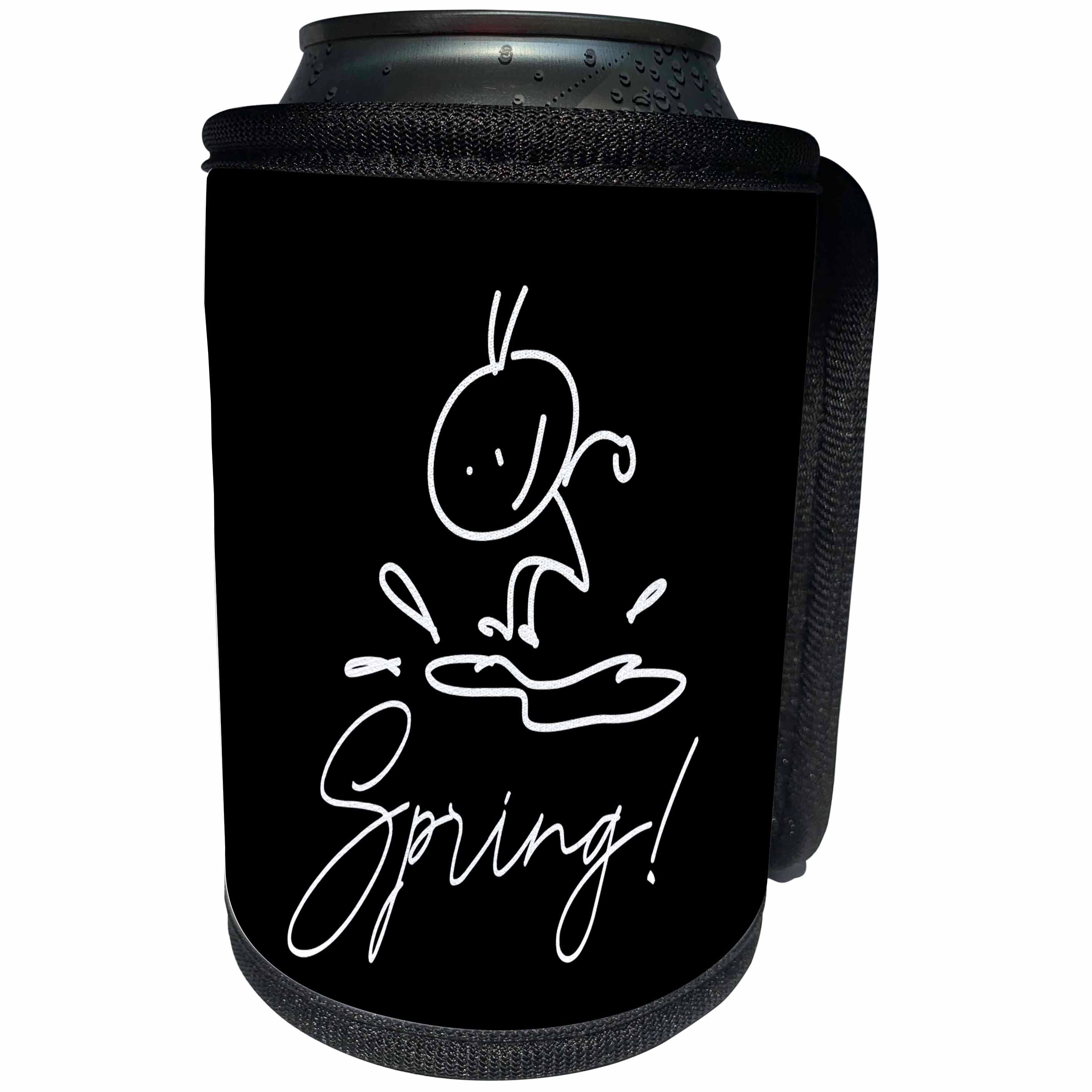 3dRose Alexis Design - Seasons Spring - Drawing of a human jumping into a puddle, text Spring on black - Can Cooler Bottle Wrap (cc_286445)