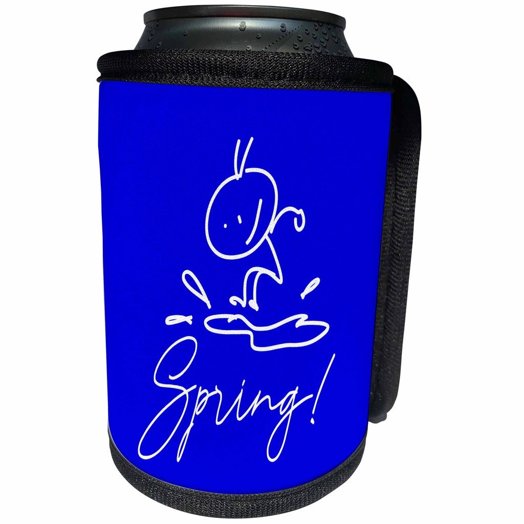 3dRose Alexis Design - Seasons Spring - Simple drawing of a human jumping into a puddle, text Spring on blue - Can Cooler Bottle Wrap (cc_286446)