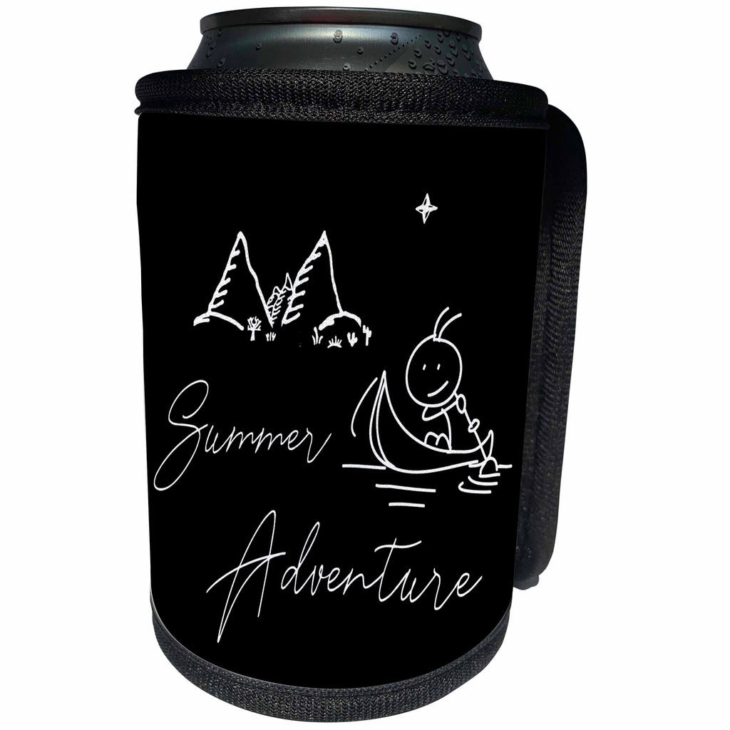 3dRose Alexis Design - Summer - Drawing of mountains, a man in a boat, text Summer Adventure on black - Can Cooler Bottle Wrap (cc_286448)