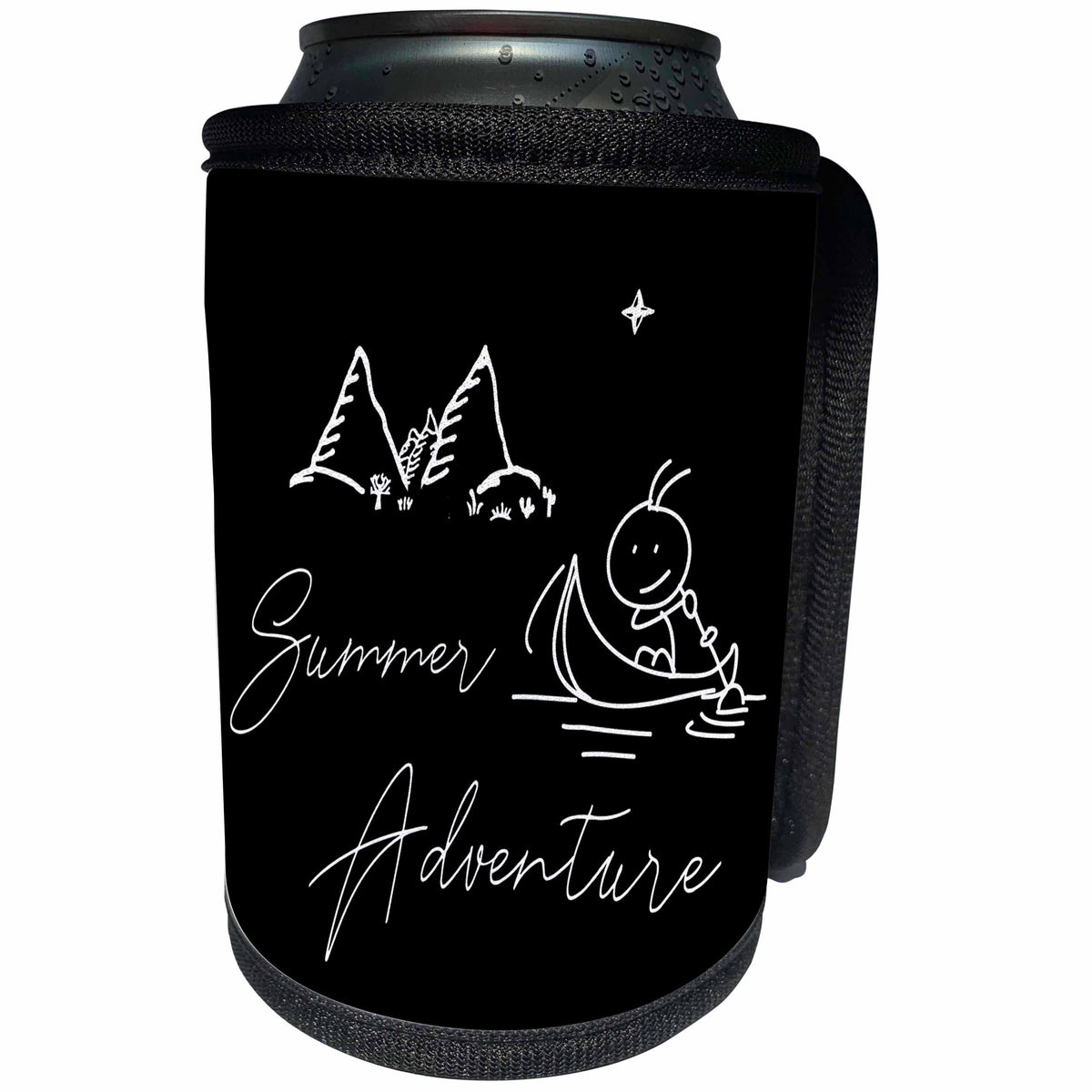 3dRose Alexis Design - Summer - Drawing of mountains, a man in a boat, text Summer Adventure on black - Can Cooler Bottle Wrap (cc_286448)
