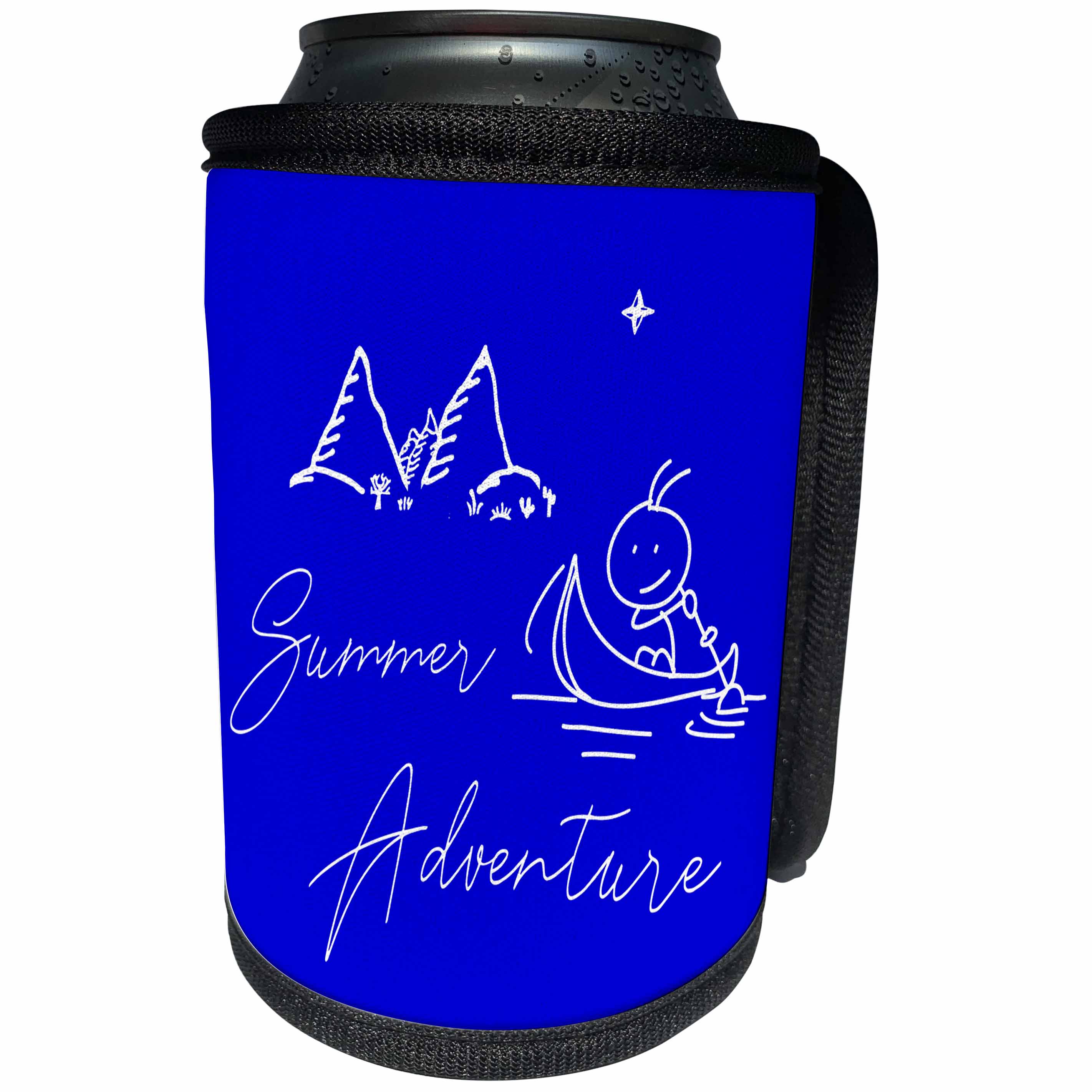 3dRose Alexis Design - Summer - Images of mountains, a man in a boat, text Summer Adventure on blue - Can Cooler Bottle Wrap (cc_286449)