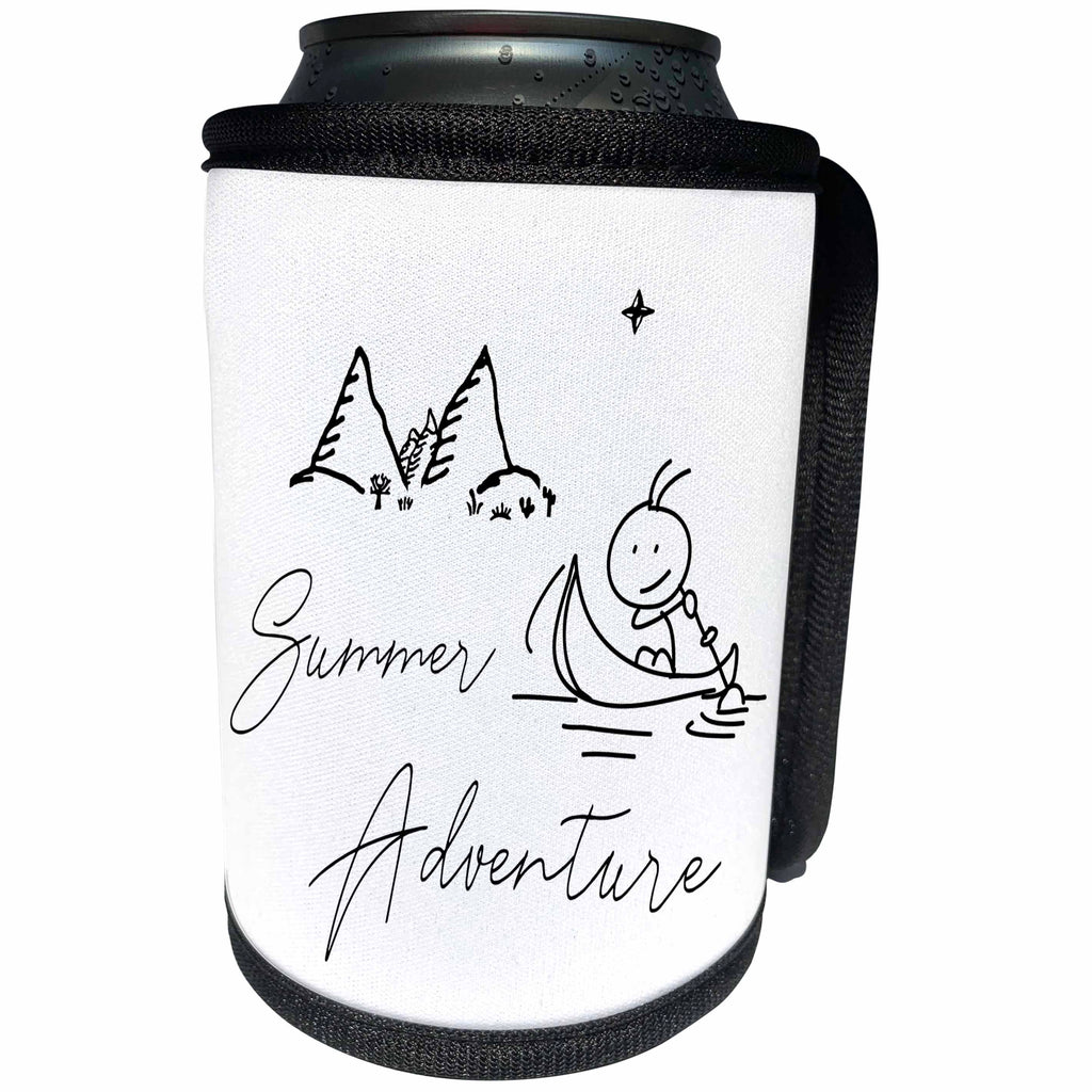 3dRose Alexis Design - Summer - Picture of mountains, a man in a boat, text Summer Adventure on white - Can Cooler Bottle Wrap (cc_286450)