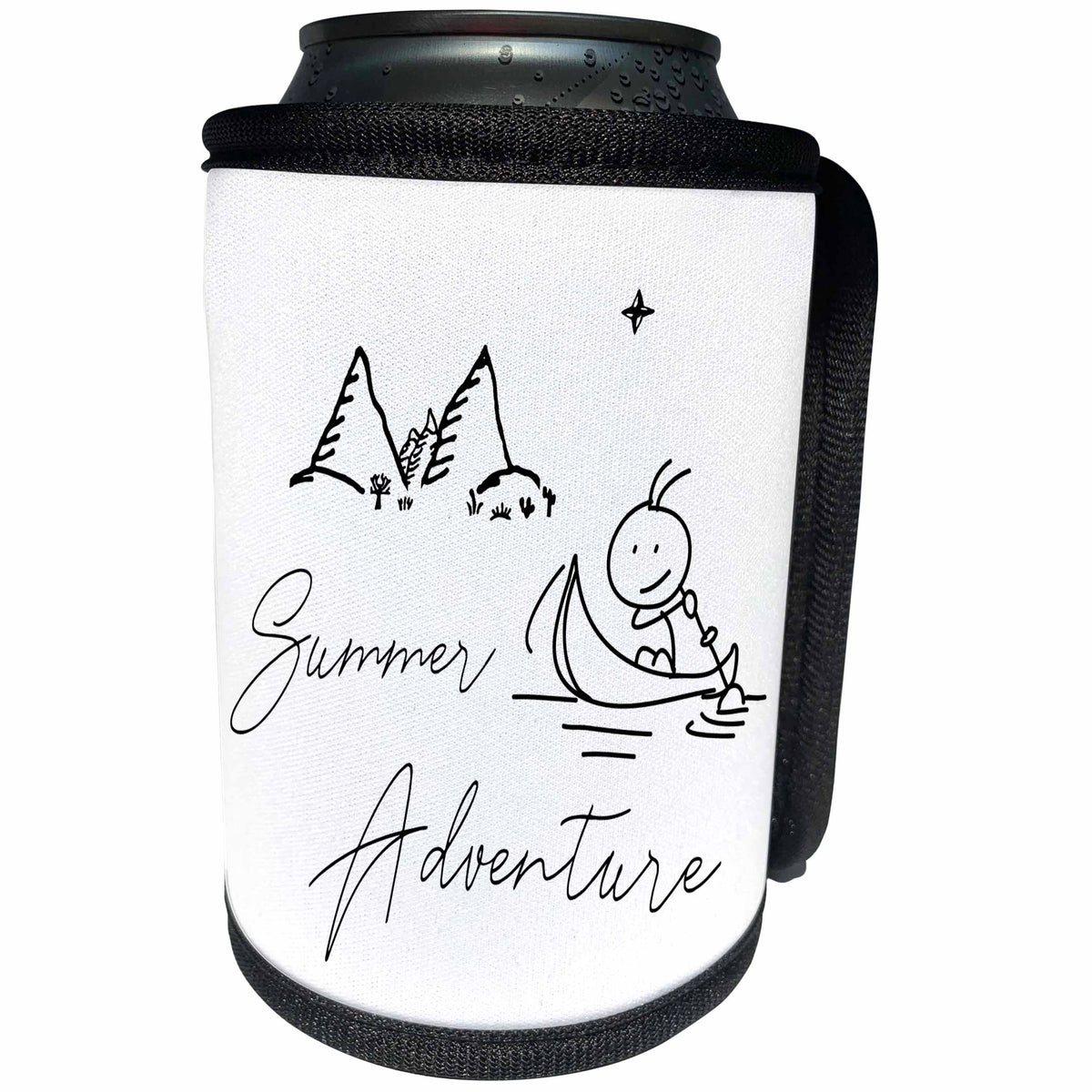3dRose Alexis Design - Summer - Picture of mountains, a man in a boat, text Summer Adventure on white - Can Cooler Bottle Wrap (cc_286450)