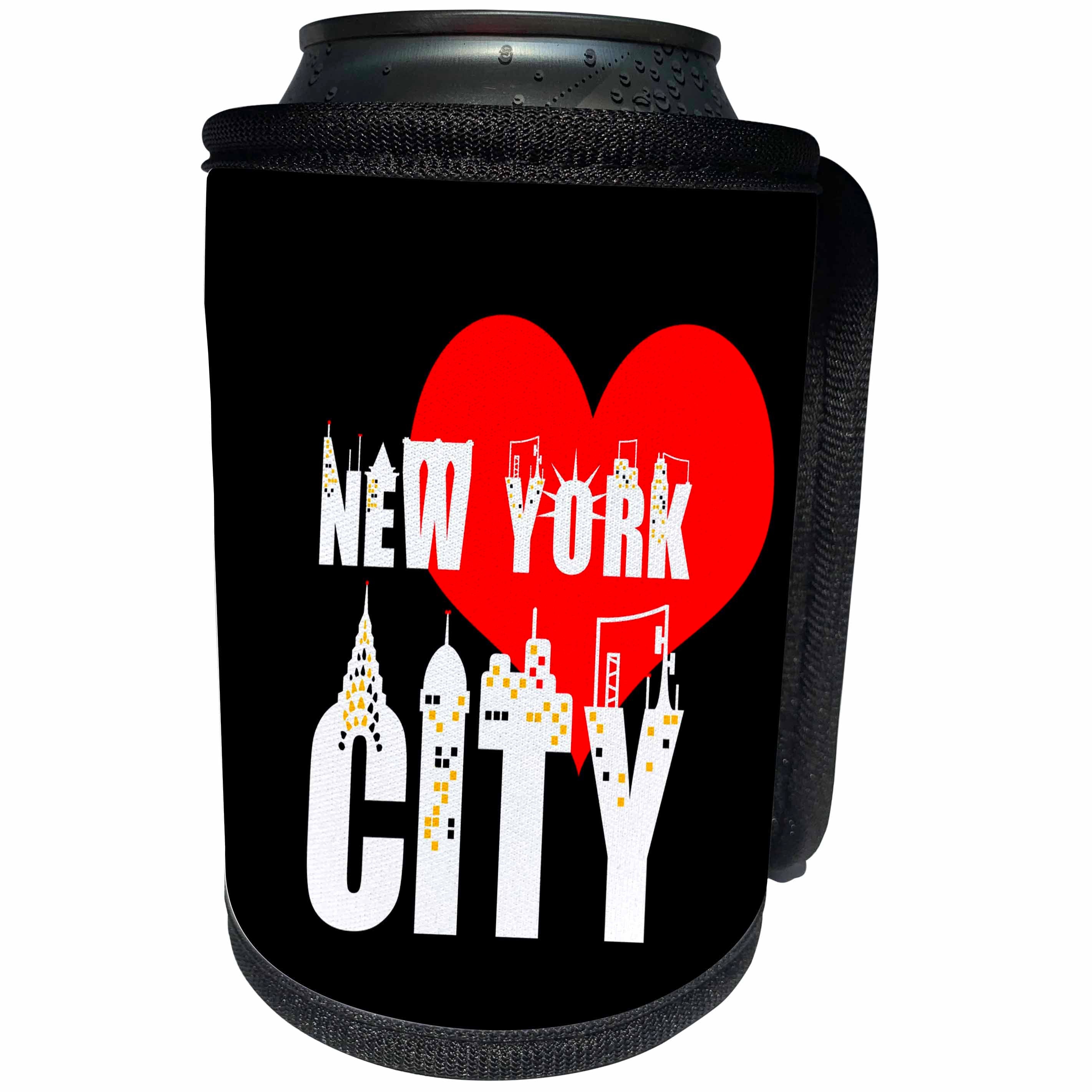 3dRose Alexis Design - American Cities - Decorative text New York City, red heart, shining windows on black - Can Cooler Bottle Wrap (cc_286451)