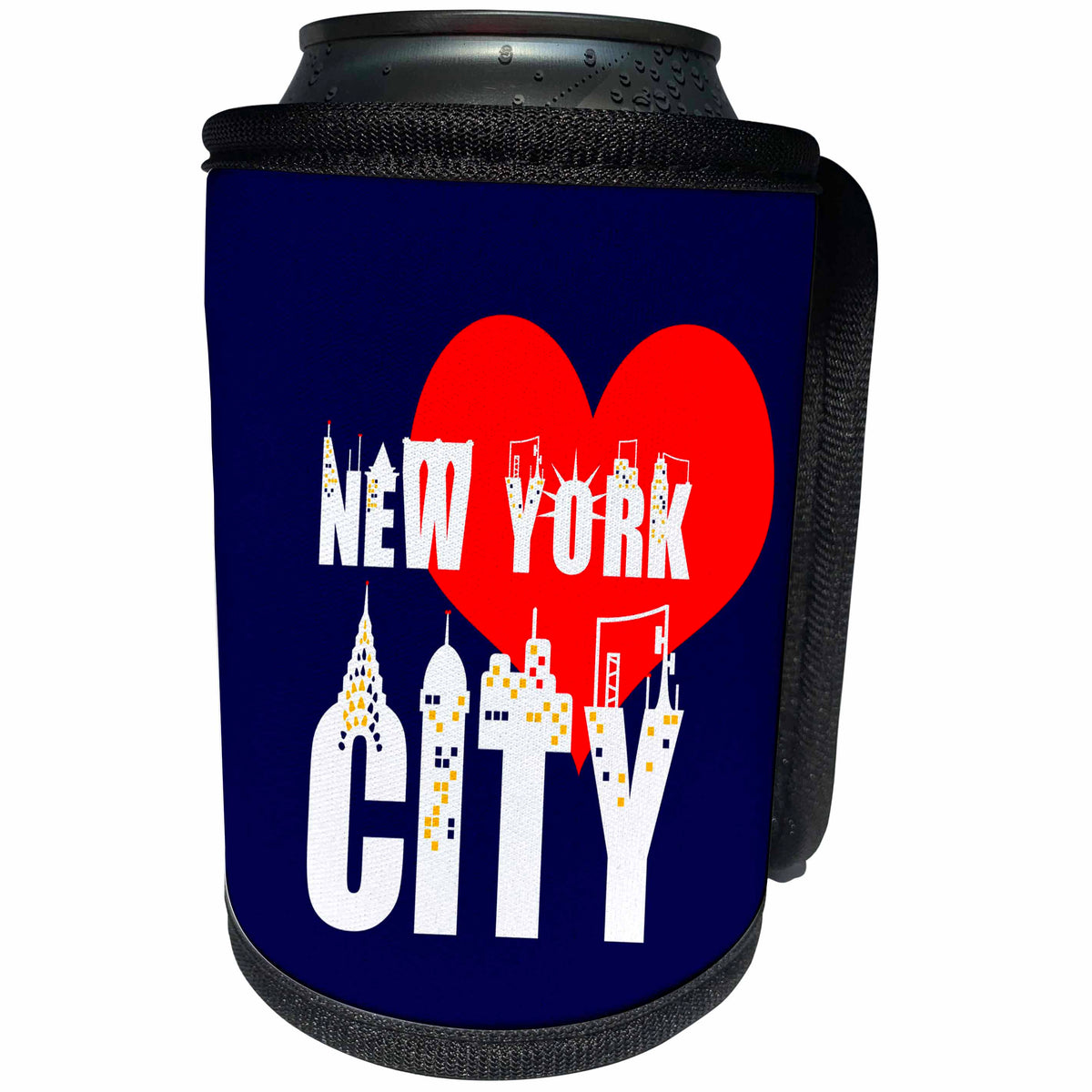 3dRose Alexis Design - American Cities - Elegant text New York City, red heart, shining windows on black - Can Cooler Bottle Wrap (cc_286452)