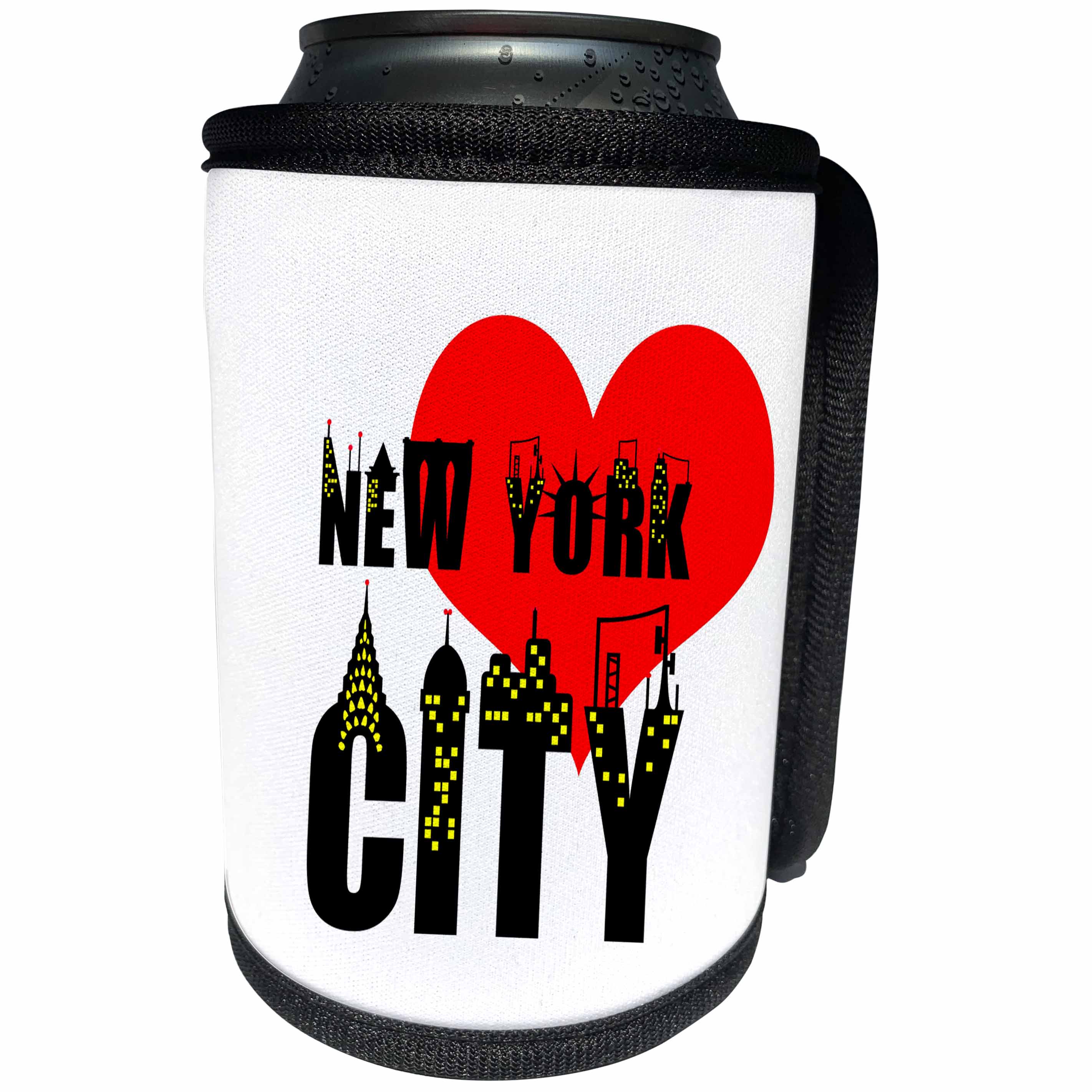 3dRose Alexis Design - American Cities - Stylish text New York City, red heart, shining windows on black - Can Cooler Bottle Wrap (cc_286453)