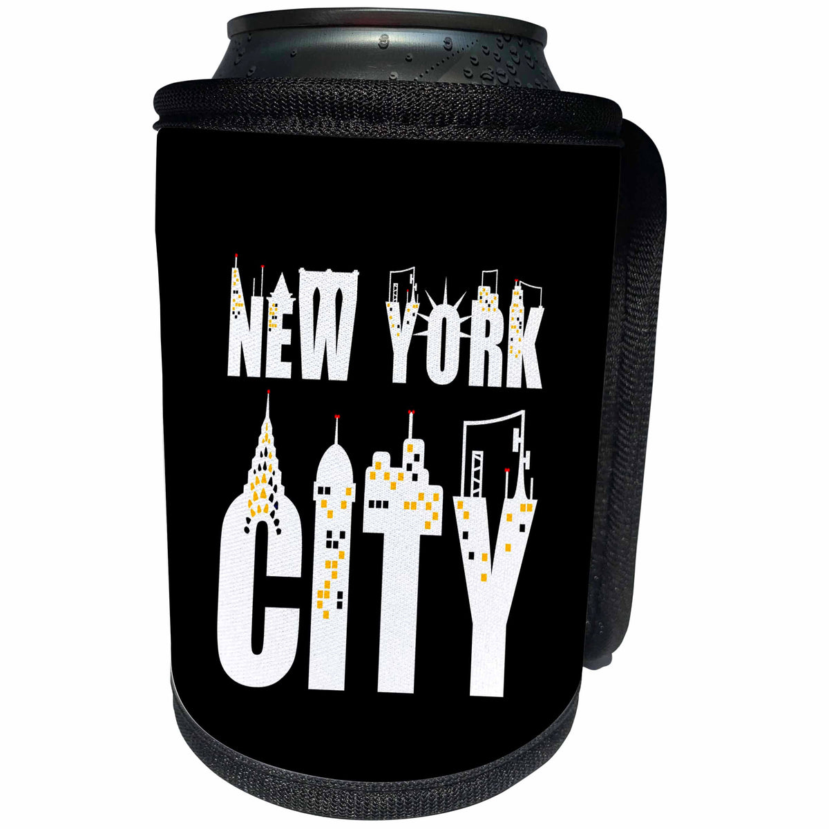 3dRose Alexis Design - American Cities - Stylish text New York City, landmarks, shining windows on black - Can Cooler Bottle Wrap (cc_286454)