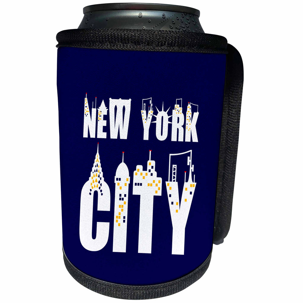3dRose Alexis Design - American Cities - Elegant text New York City, landmarks, shining windows on blue - Can Cooler Bottle Wrap (cc_286455)