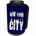 3dRose Alexis Design - American Cities - Elegant text New York City, landmarks, shining windows on blue - Can Cooler Bottle Wrap (cc_286455)