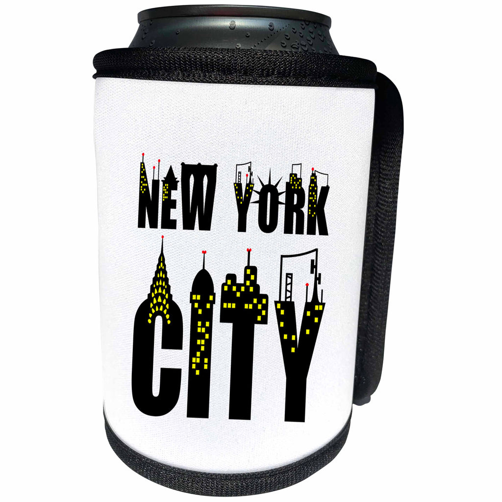 3dRose Alexis Design - American Cities - Decorative text New York City, landmarks, shining windows on white - Can Cooler Bottle Wrap (cc_286456)