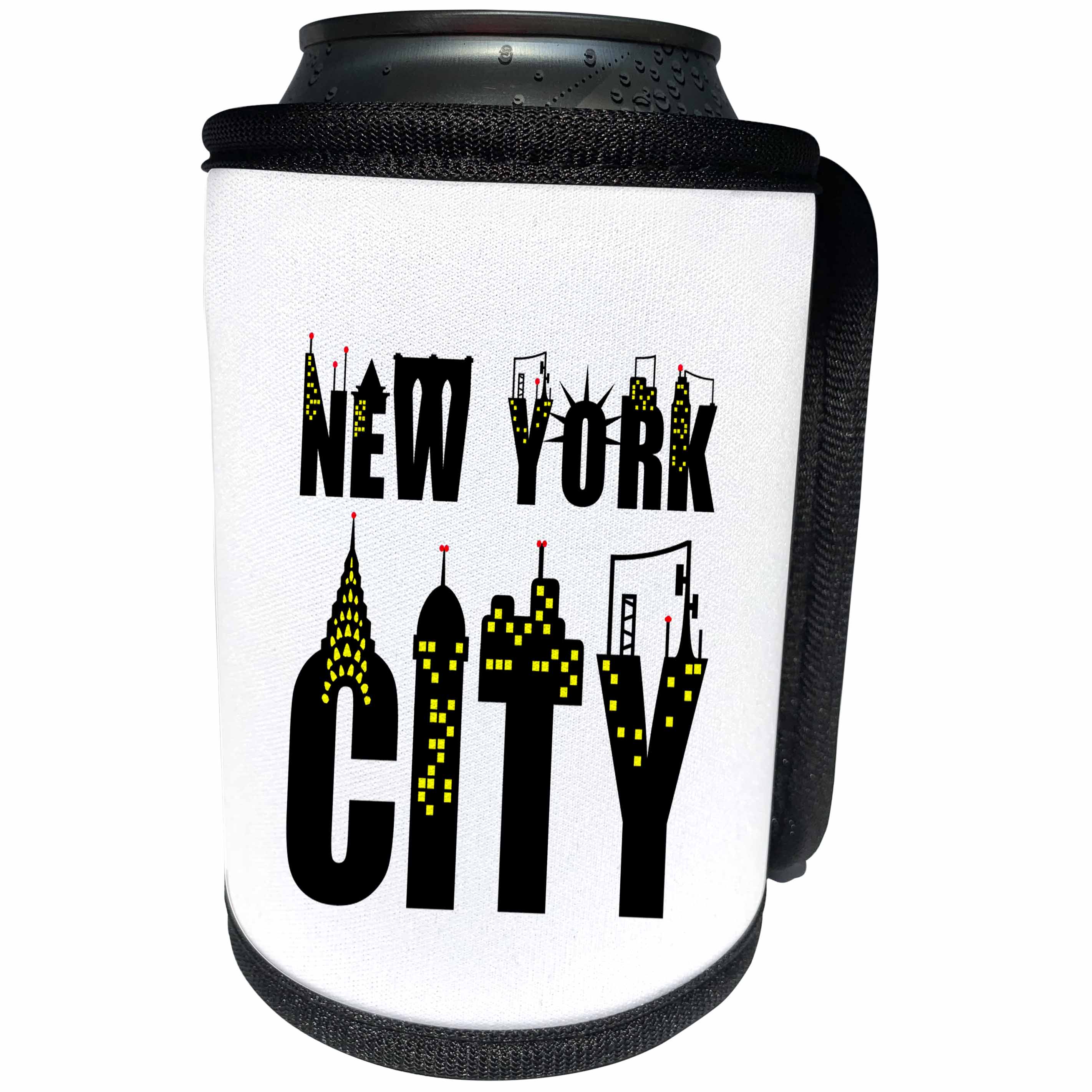 3dRose Alexis Design - American Cities - Decorative text New York City, landmarks, shining windows on white - Can Cooler Bottle Wrap (cc_286456)