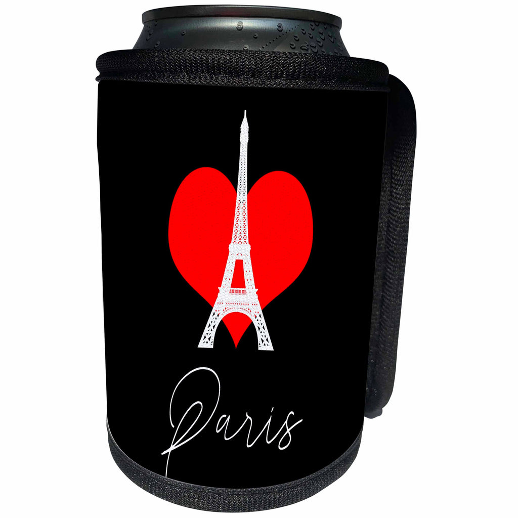 3dRose Alexis Design - Cities of the world - Drawing of Eiffel Tower, a red heart, elegant text Paris on black - Can Cooler Bottle Wrap (cc_286457)