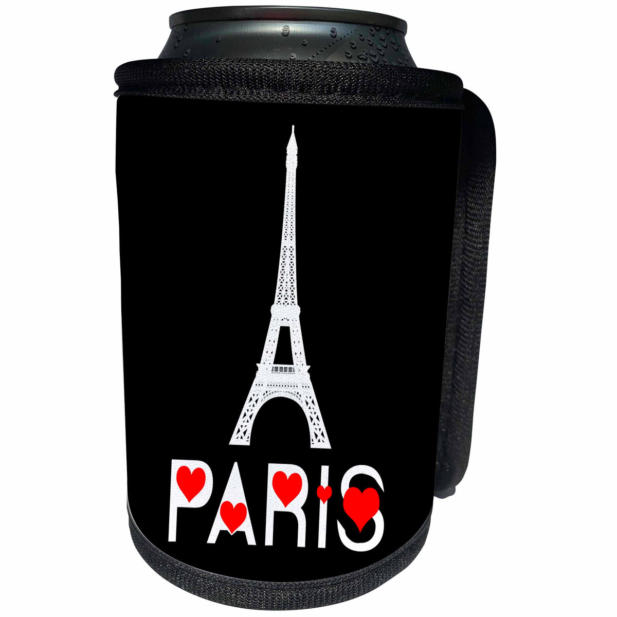 3dRose Alexis Design - Cities of the world - Drawing of Eiffel Tower, text Paris with red hearts on black - Can Cooler Bottle Wrap (cc_286460)