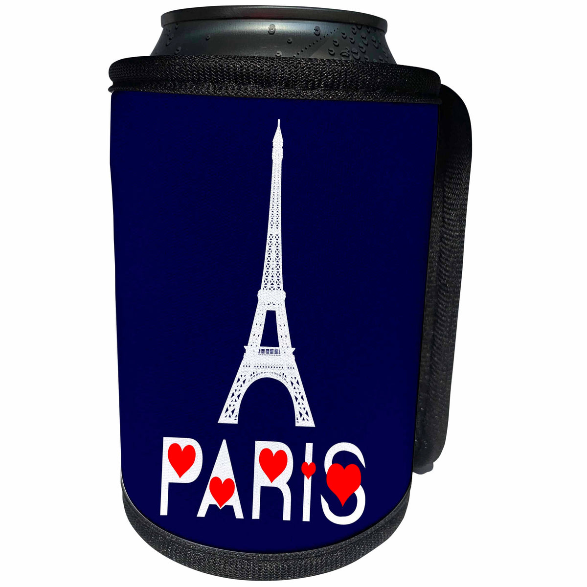 3dRose Alexis Design - Cities of the world - Drawing of Eiffel Tower, stylish text Paris with red hearts on blue - Can Cooler Bottle Wrap (cc_286461)