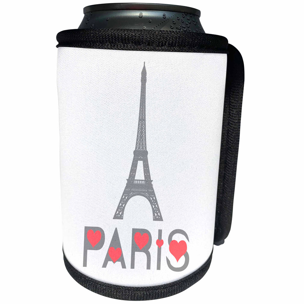 3dRose Alexis Design - Cities of the world - Drawing of Eiffel Tower, grey text Paris with red hearts on white - Can Cooler Bottle Wrap (cc_286463)