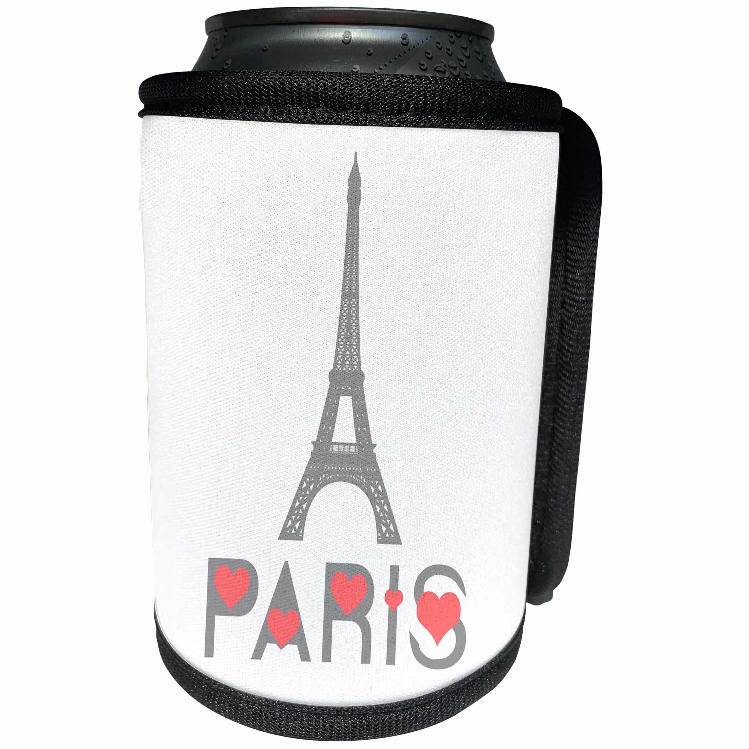 3dRose Alexis Design - Cities of the world - Drawing of Eiffel Tower, grey text Paris with red hearts on white - Can Cooler Bottle Wrap (cc_286463)