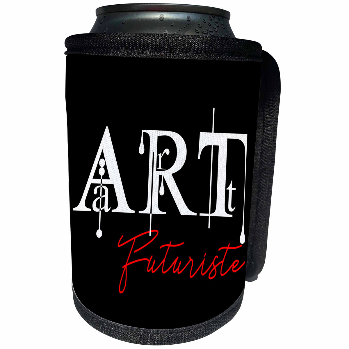 3dRose Alexis Design - Art - Stunning white and red text Art Futuriste on black background - Can Cooler Bottle Wrap (cc_286476)