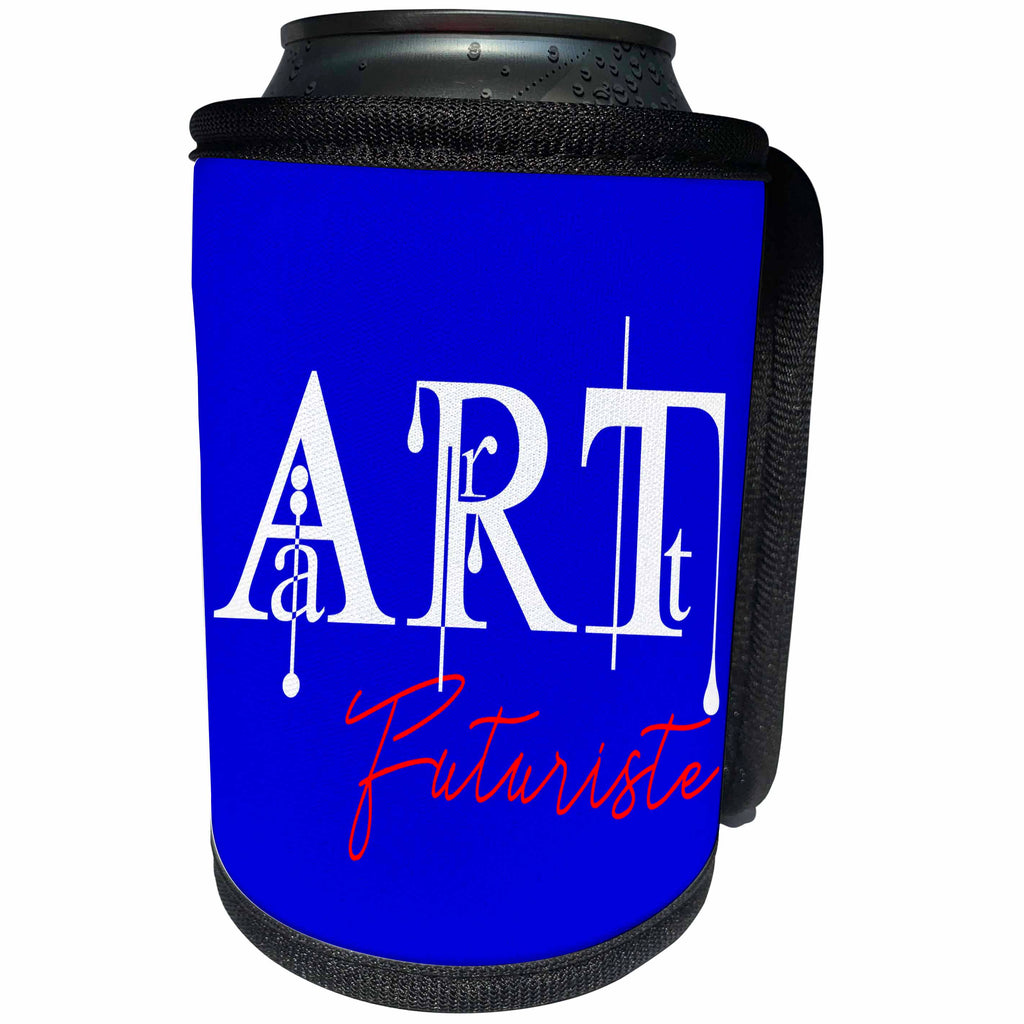 3dRose Alexis Design - Art - Luxurious colorful white, red text Art Futuriste on blue background - Can Cooler Bottle Wrap (cc_286478)