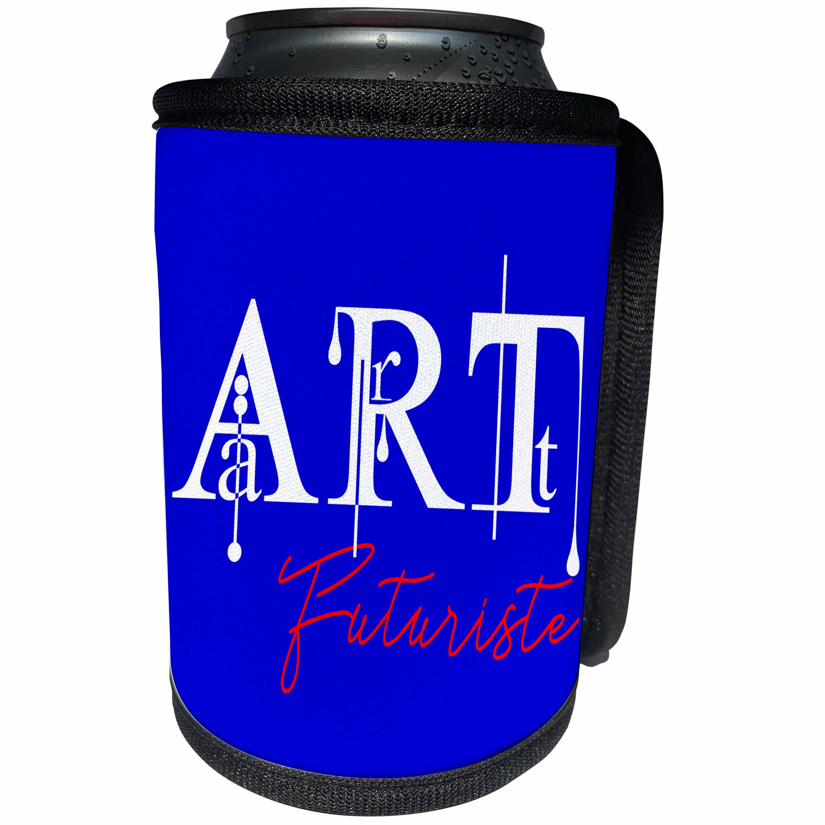 3dRose Alexis Design - Art - Luxurious colorful white, red text Art Futuriste on blue background - Can Cooler Bottle Wrap (cc_286478)