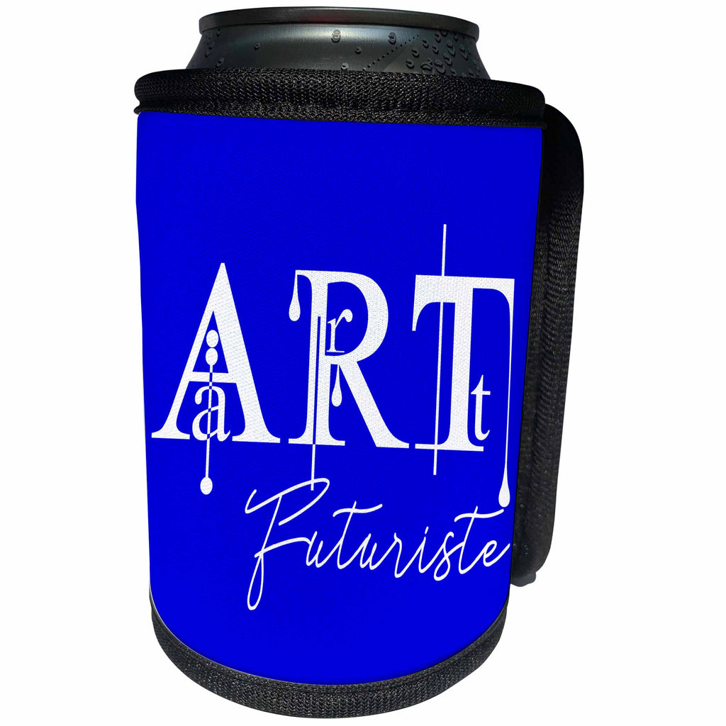 3dRose Alexis Design - Art - Splendid fancy white text Art Futuriste against the blue background - Can Cooler Bottle Wrap (cc_286479)