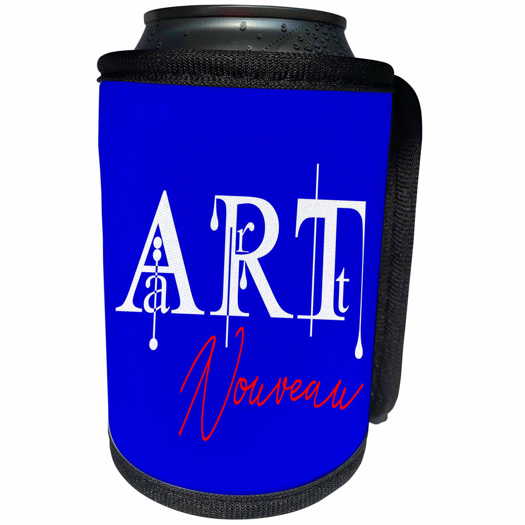 3dRose Alexis Design - Art - Splendid colorful white, red text Art Nouveau on blue background - Can Cooler Bottle Wrap (cc_286484)