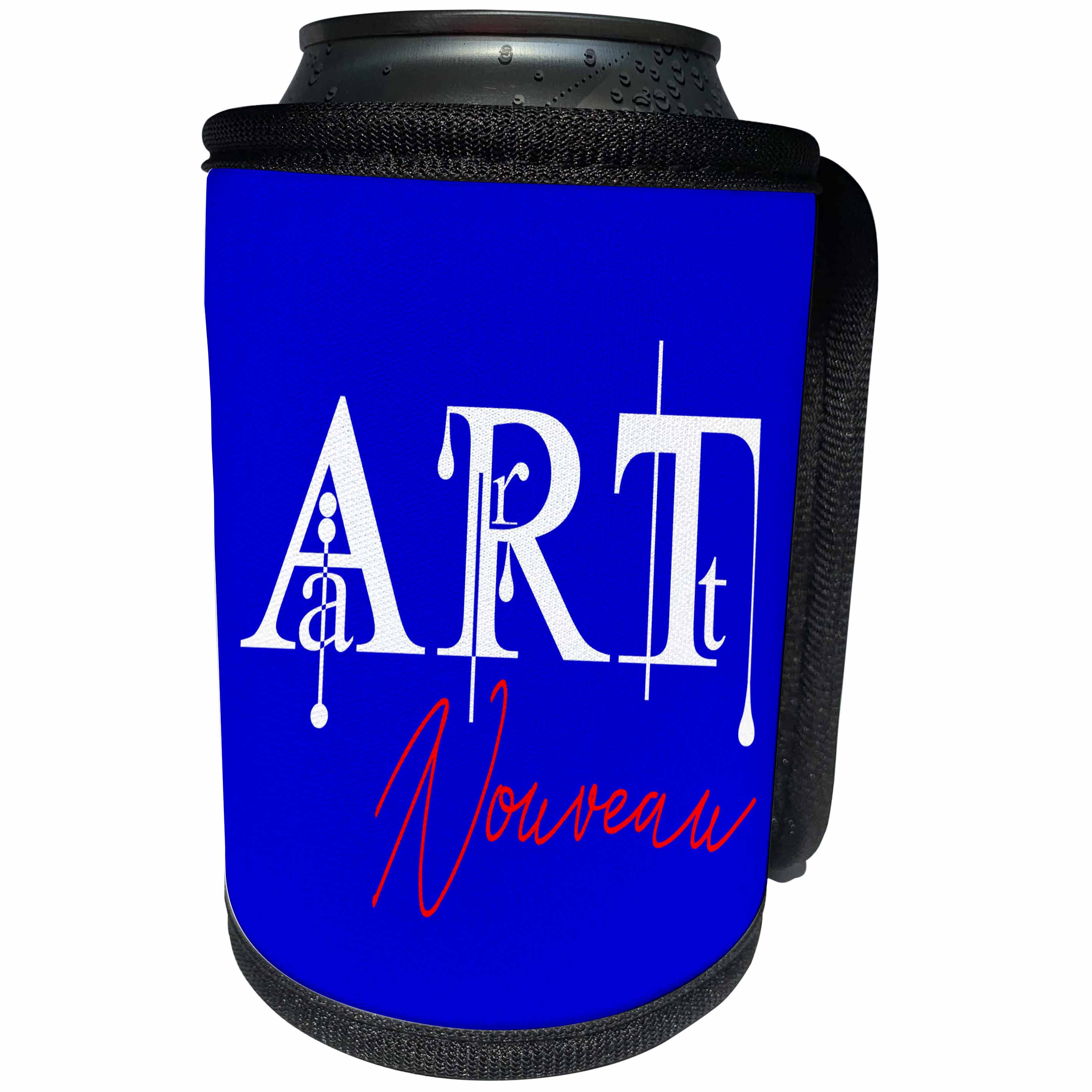 3dRose Alexis Design - Art - Splendid colorful white, red text Art Nouveau on blue background - Can Cooler Bottle Wrap (cc_286484)