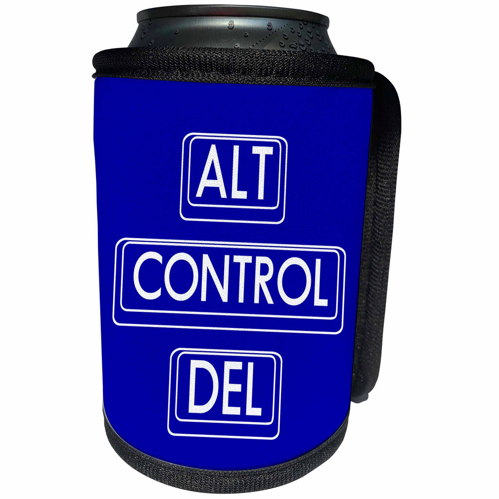 3dRose Alexis Design - Funny Computer Keys - Drawings of computer keyboard keys Alt, Control, Del, white on blue - Can Cooler Bottle Wrap (cc_286493)