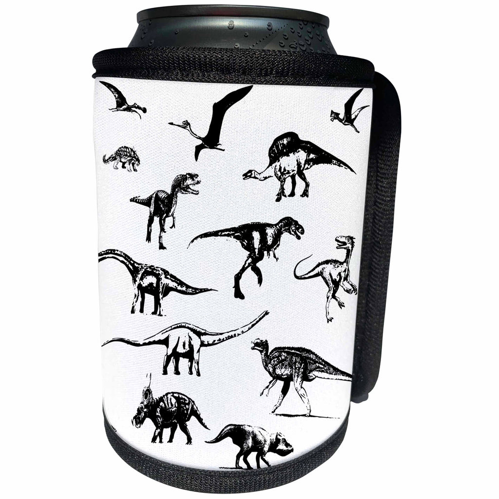 3dRose Alexis Design - Dinosaurs - Images of dinosaurs of different kinds. Black on white background - Can Cooler Bottle Wrap (cc_286495)