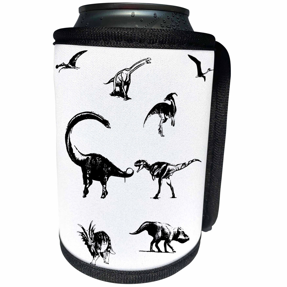 3dRose Alexis Design - Dinosaurs - Group of dinosaurs. A predator tries to bite a diplodocus. On white - Can Cooler Bottle Wrap (cc_286497)