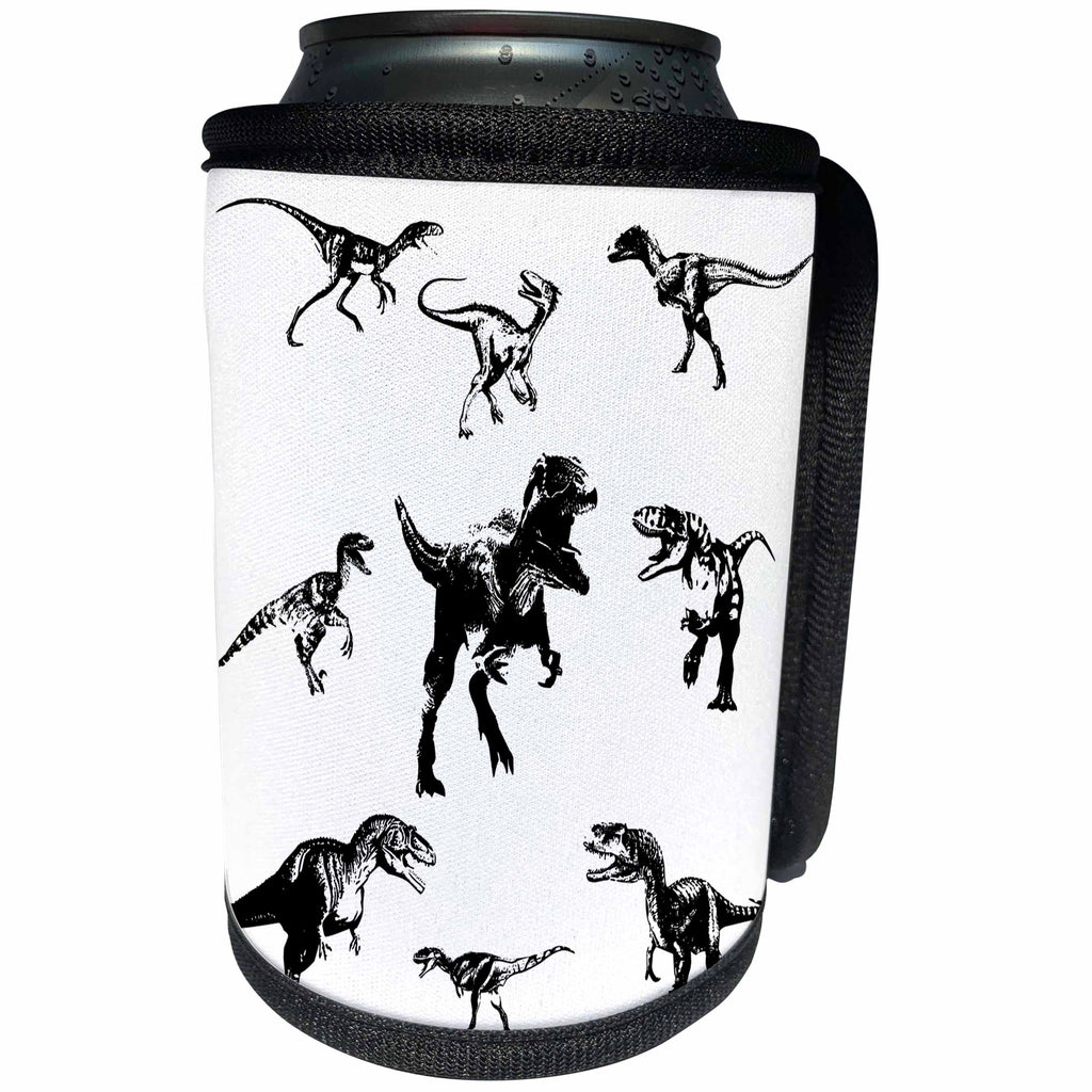 3dRose Alexis Design - Dinosaurs - Predator dinosaurs. Tyrannosaurus Rex in the middle. Black on white - Can Cooler Bottle Wrap (cc_286498)