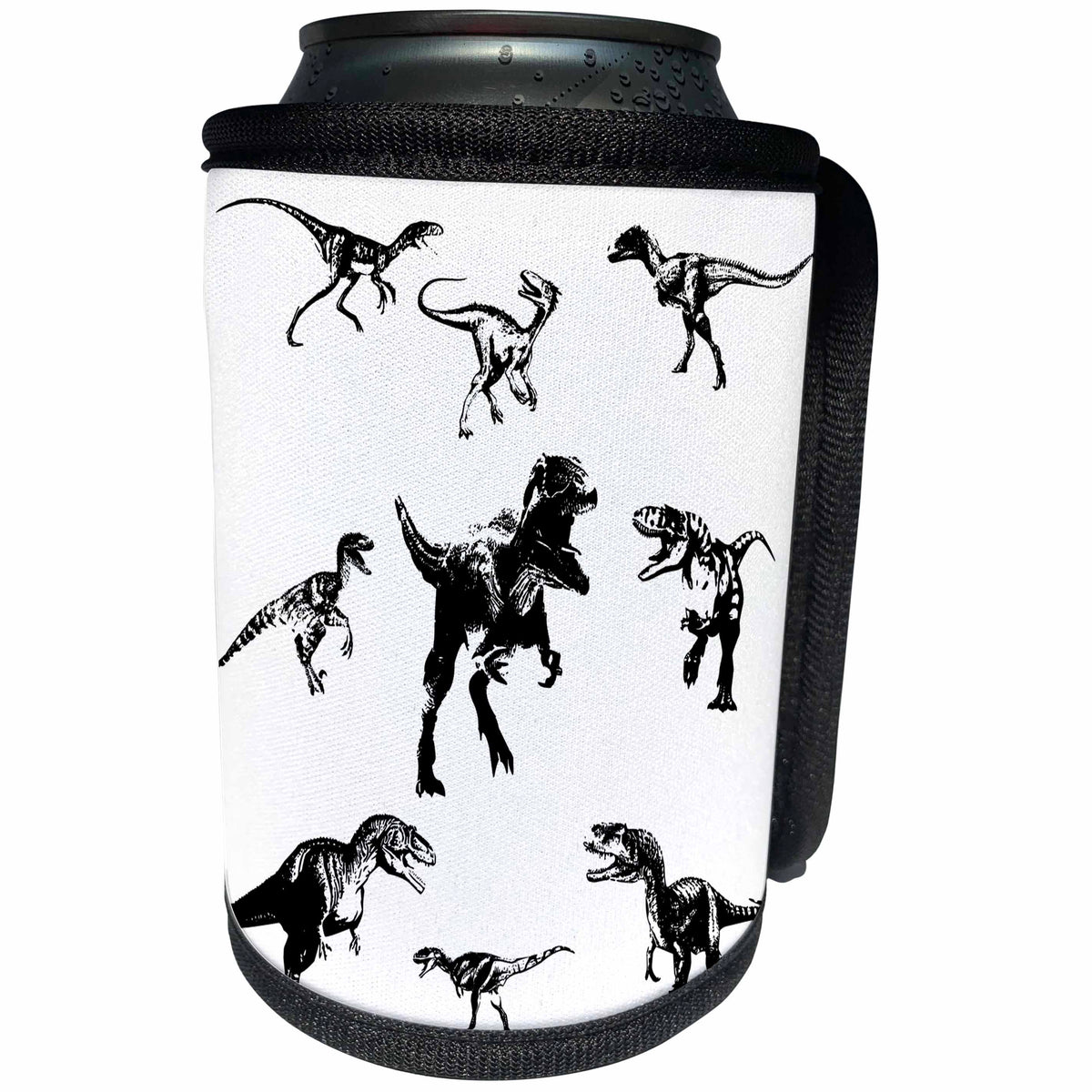 3dRose Alexis Design - Dinosaurs - Predator dinosaurs. Tyrannosaurus Rex in the middle. Black on white - Can Cooler Bottle Wrap (cc_286498)