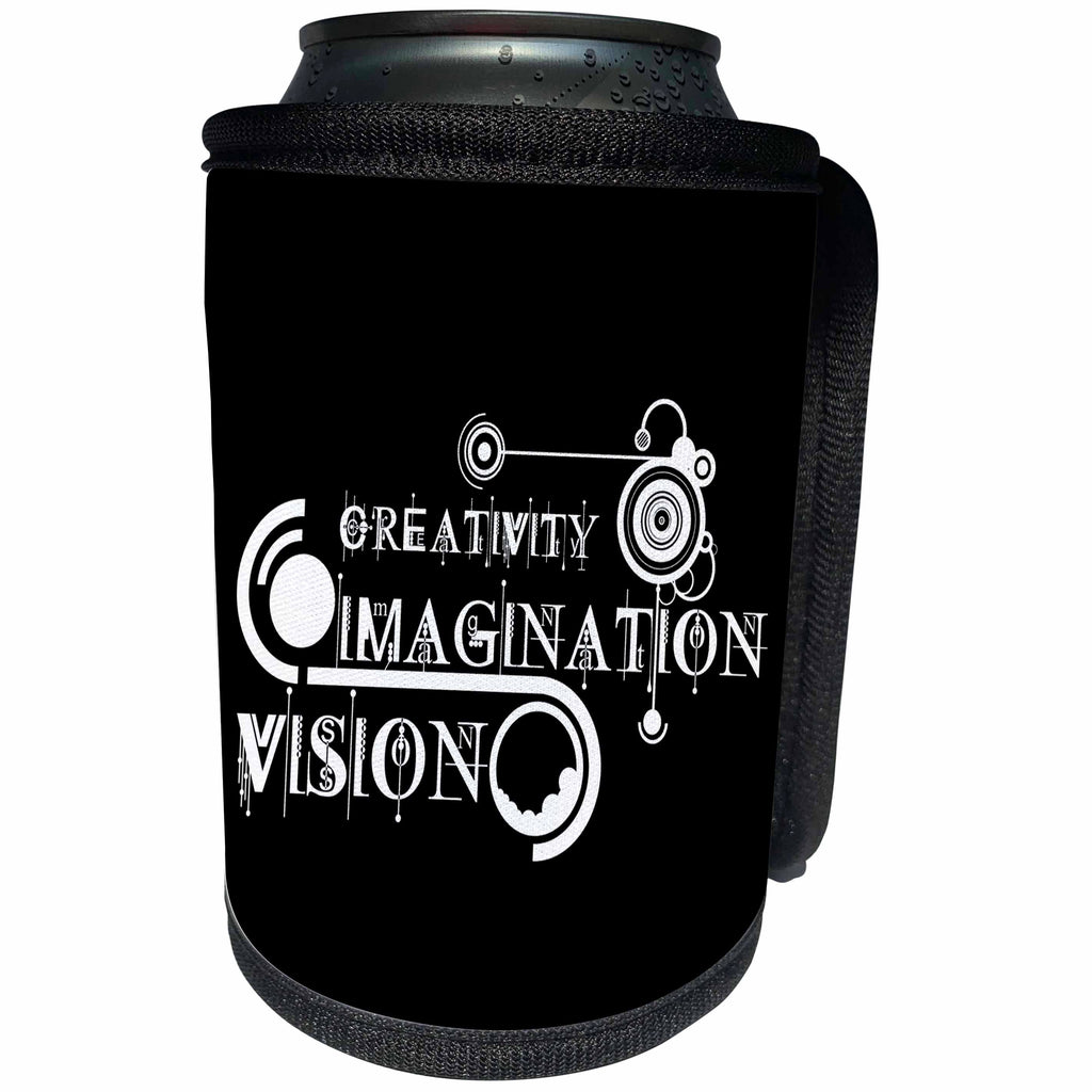 3dRose Alexis Design - Decorative Text - Cool text Creativity, Imagination, Vision, modern shapes on black - Can Cooler Bottle Wrap (cc_286501)