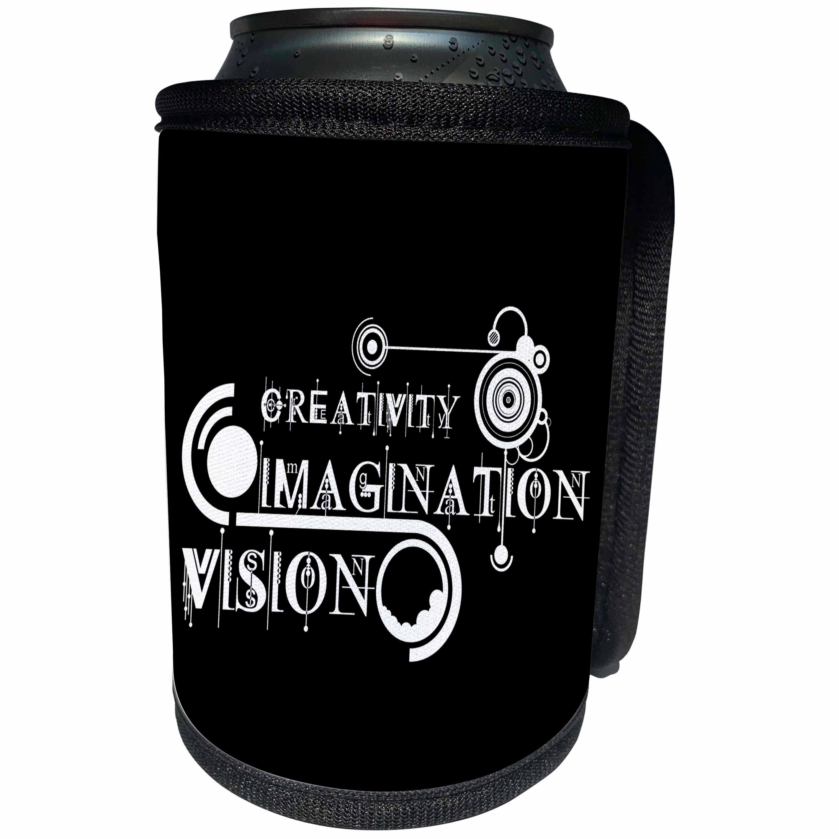 3dRose Alexis Design - Decorative Text - Cool text Creativity, Imagination, Vision, modern shapes on black - Can Cooler Bottle Wrap (cc_286501)