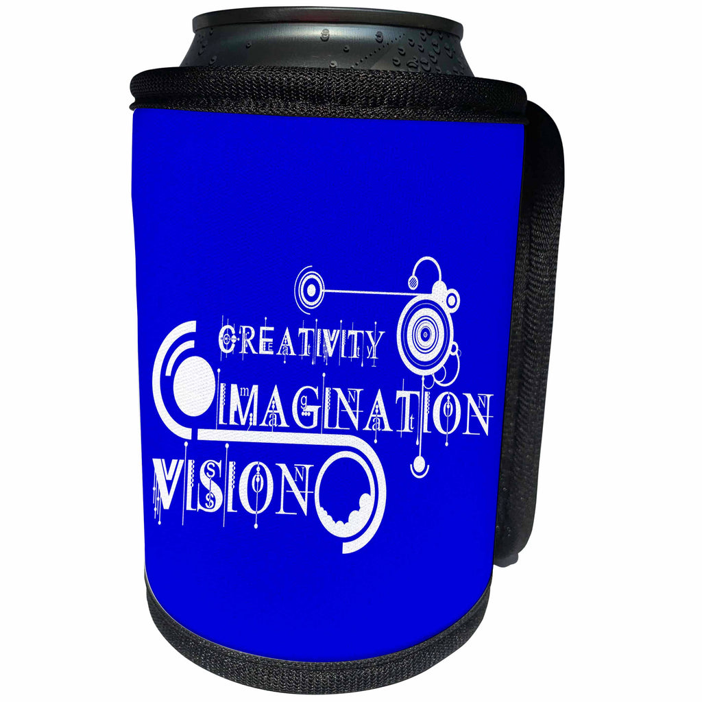 3dRose Alexis Design - Decorative Text - Modernist text Creativity, Imagination, Vision, modern shapes on blue - Can Cooler Bottle Wrap (cc_286502)