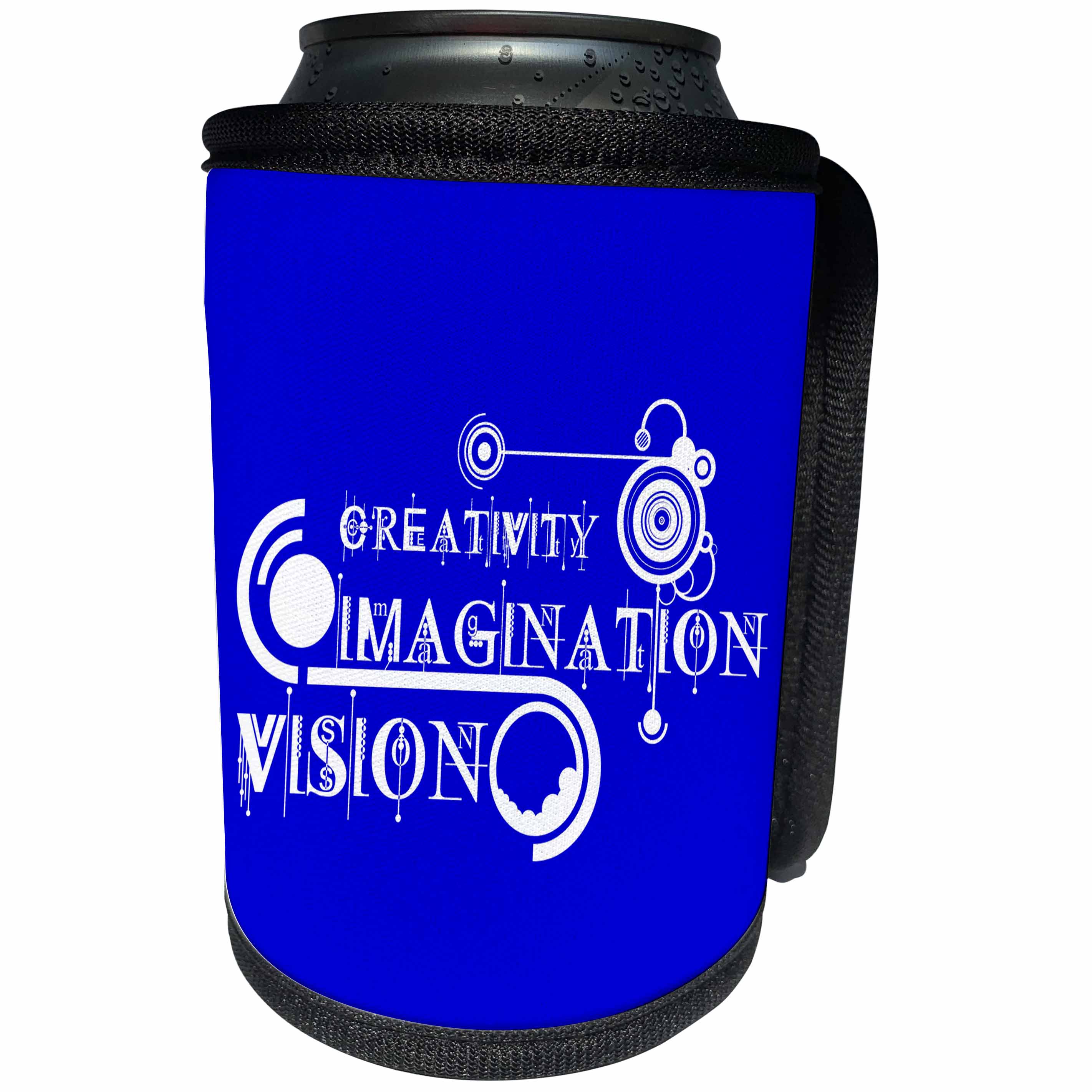 3dRose Alexis Design - Decorative Text - Modernist text Creativity, Imagination, Vision, modern shapes on blue - Can Cooler Bottle Wrap (cc_286502)