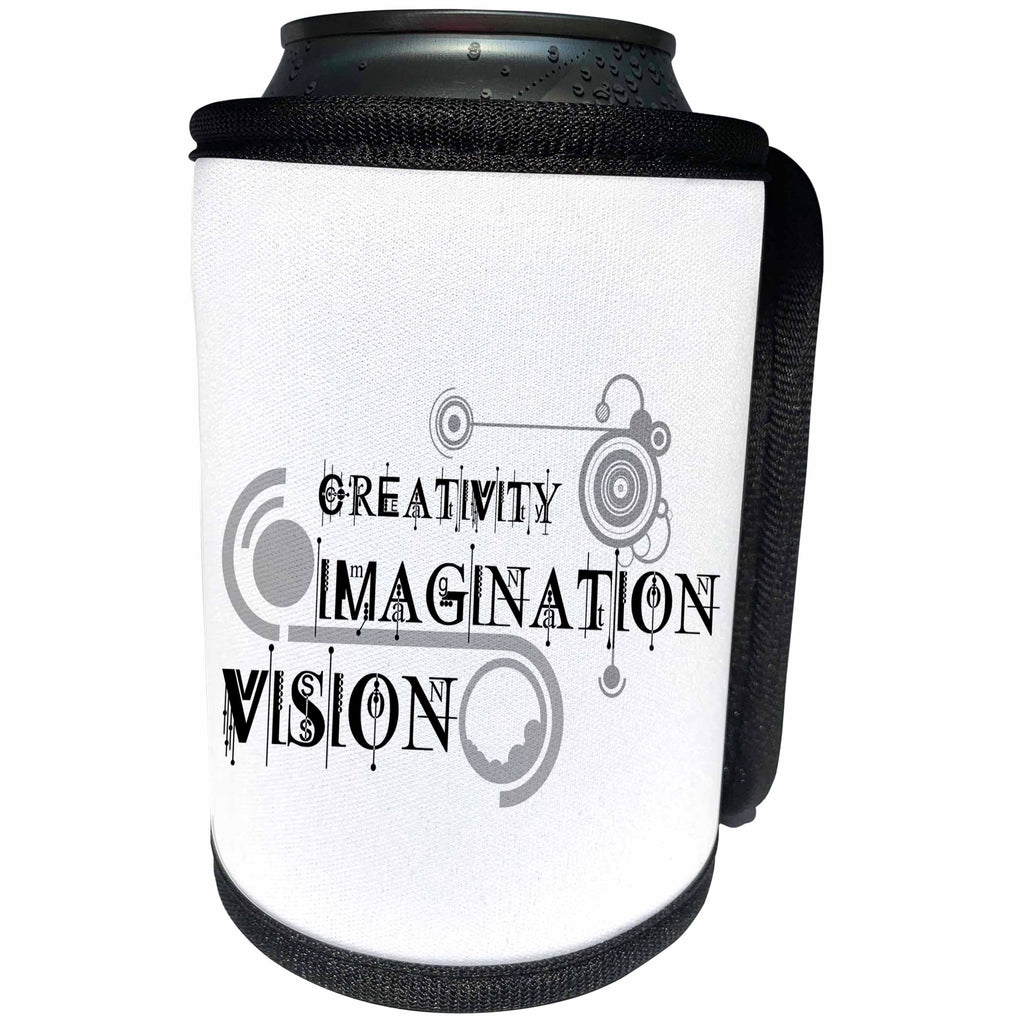 3dRose Alexis Design - Decorative Text - Elegant text Creativity, Imagination, Vision, modern shapes on white - Can Cooler Bottle Wrap (cc_286503)