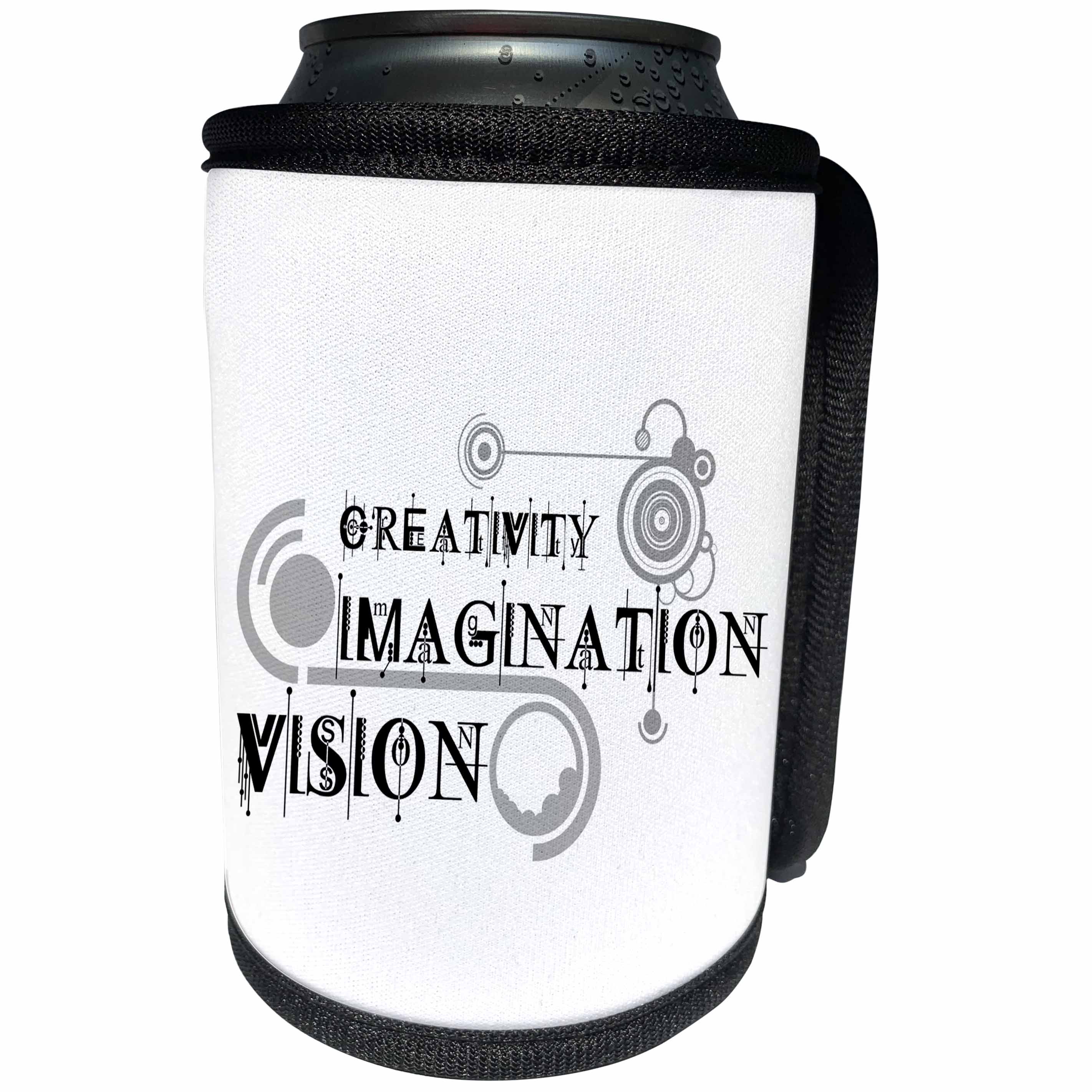 3dRose Alexis Design - Decorative Text - Elegant text Creativity, Imagination, Vision, modern shapes on white - Can Cooler Bottle Wrap (cc_286503)