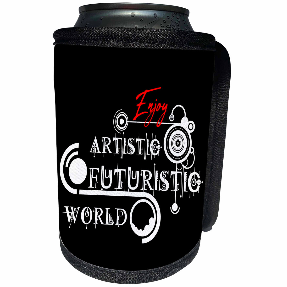 3dRose Alexis Design - Decorative Text - Enjoy Artistic Futuristic World elegant text composition on black - Can Cooler Bottle Wrap (cc_286508)