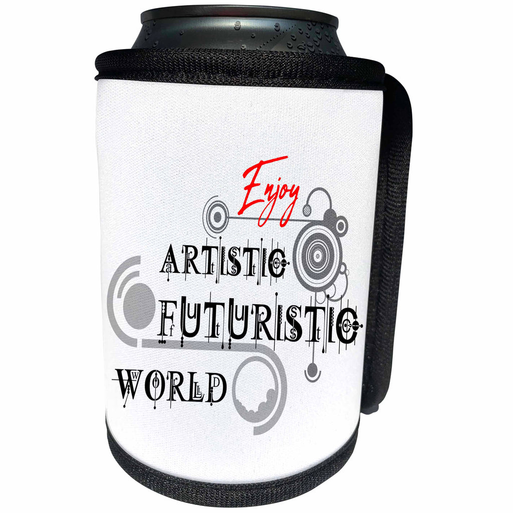 3dRose Alexis Design - Decorative Text - Enjoy Artistic Futuristic World geometric stylish text on white - Can Cooler Bottle Wrap (cc_286510)