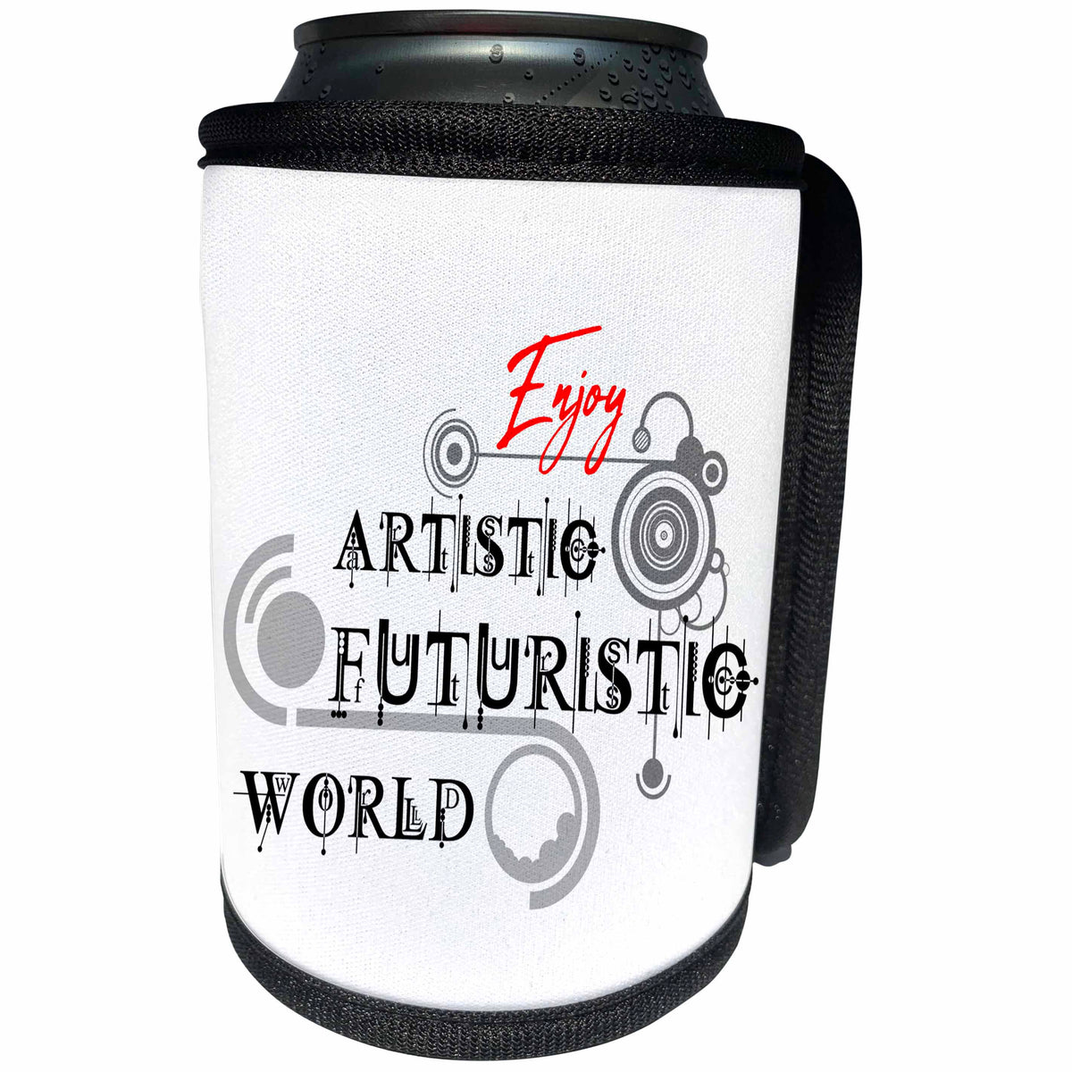 3dRose Alexis Design - Decorative Text - Enjoy Artistic Futuristic World geometric stylish text on white - Can Cooler Bottle Wrap (cc_286510)