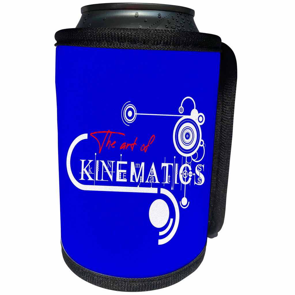 3dRose Alexis Design - Decorative Text - The Art Of Kinematics stylish white and red text composition on blue - Can Cooler Bottle Wrap (cc_286512)