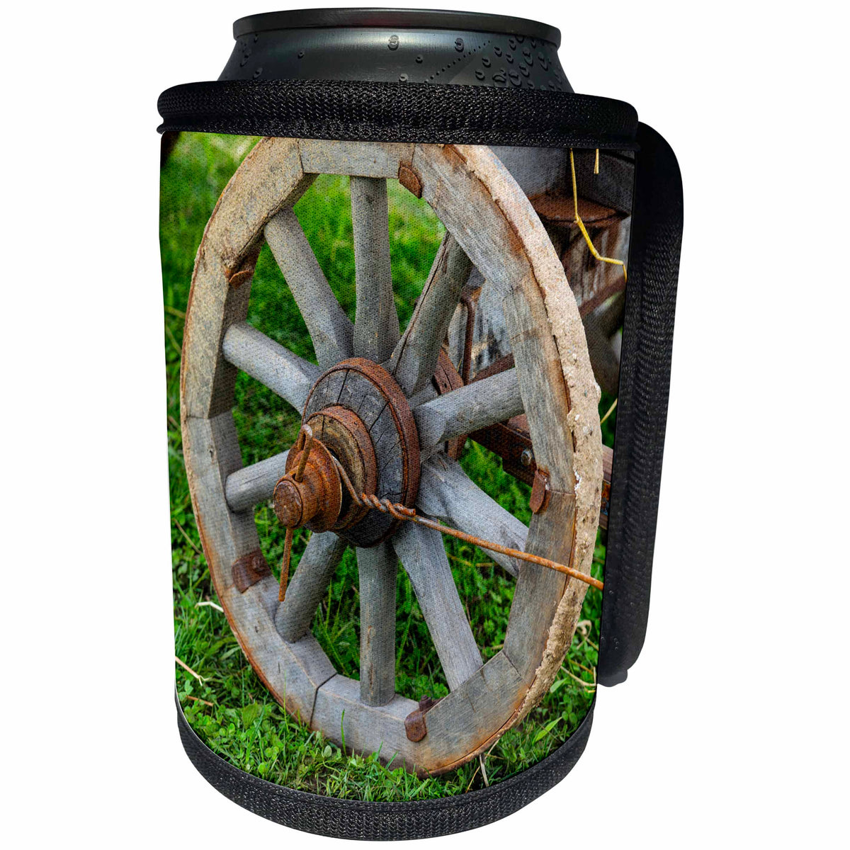 3dRose Alexis Photography - Objects - Grunge, rusty wooden wheel of an ancient cart on a green grass - Can Cooler Bottle Wrap (cc_286614)