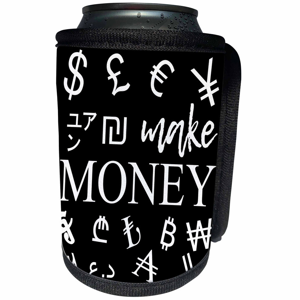 3dRose Alexis Design - Typography Money Symbols - International currency symbols. A white text Make Money on black - Can Cooler Bottle Wrap (cc_286762)